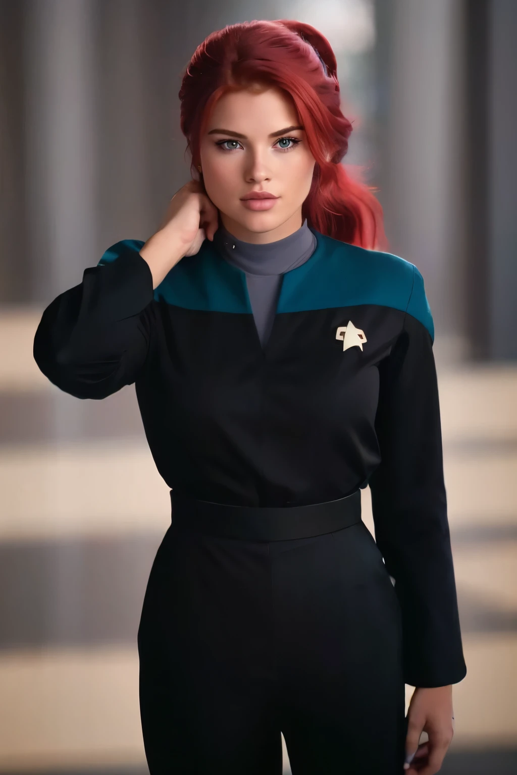 PA7_Photo, tayl0r-001, red high ponytail hair, slight smile, (voyunf teal and black uniform,badge:1.3), black pants, black sleeves, elegant room PA7_Portrait-MCU.  