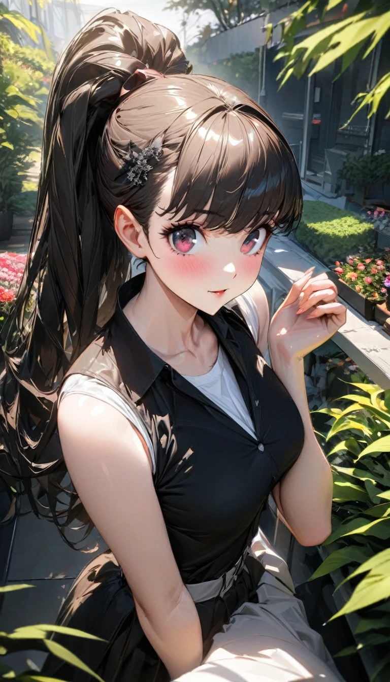 One person, Adult Women, Ultra-high resolution, 超detailed, Highest quality, 8k,((Highest quality)), ((masterpiece)), (detailed),Face direction(front),Hair Color(Bright light black,Fine hair quality), Hairstyle(Neat ponytail), background(garden,),eye(きれいなeye元), clothing(high school girl),expression(Exquisite features depicting a perfect face),Body Type(model,Glamorous),Perfect hands,The perfect woman, Dramatic Shadows, Japanese, Cute pose, Anime characters,Persona 5(Kasumi Yoshizawa) , new gymnast