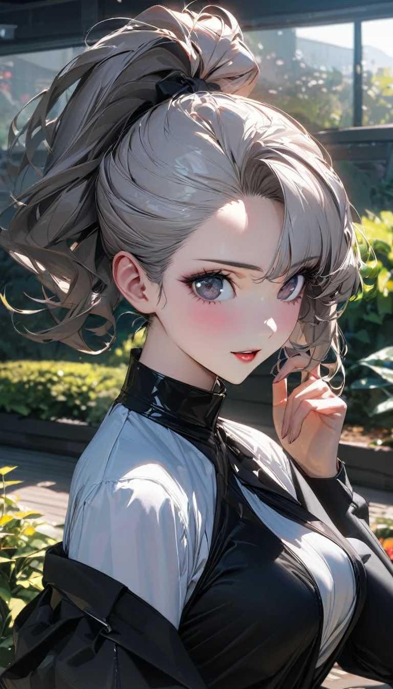 One person, Adult Women, Ultra-high resolution, 超detailed, Highest quality, 8k,((Highest quality)), ((masterpiece)), (detailed)，Face direction(front)，Hair Color(Bright light black,Fine hair quality), Hairstyle(Neat ponytail), background(garden,)，eye(きれいなeye元), clothing(high school girl)，expression(Exquisite features depicting a perfect face)，Body Type(model,Glamorous)，Perfect hands，The perfect woman, Dramatic Shadows, Japanese, Cute pose, Anime characters,Persona 5(Kasumi Yoshizawa) , new gymnast