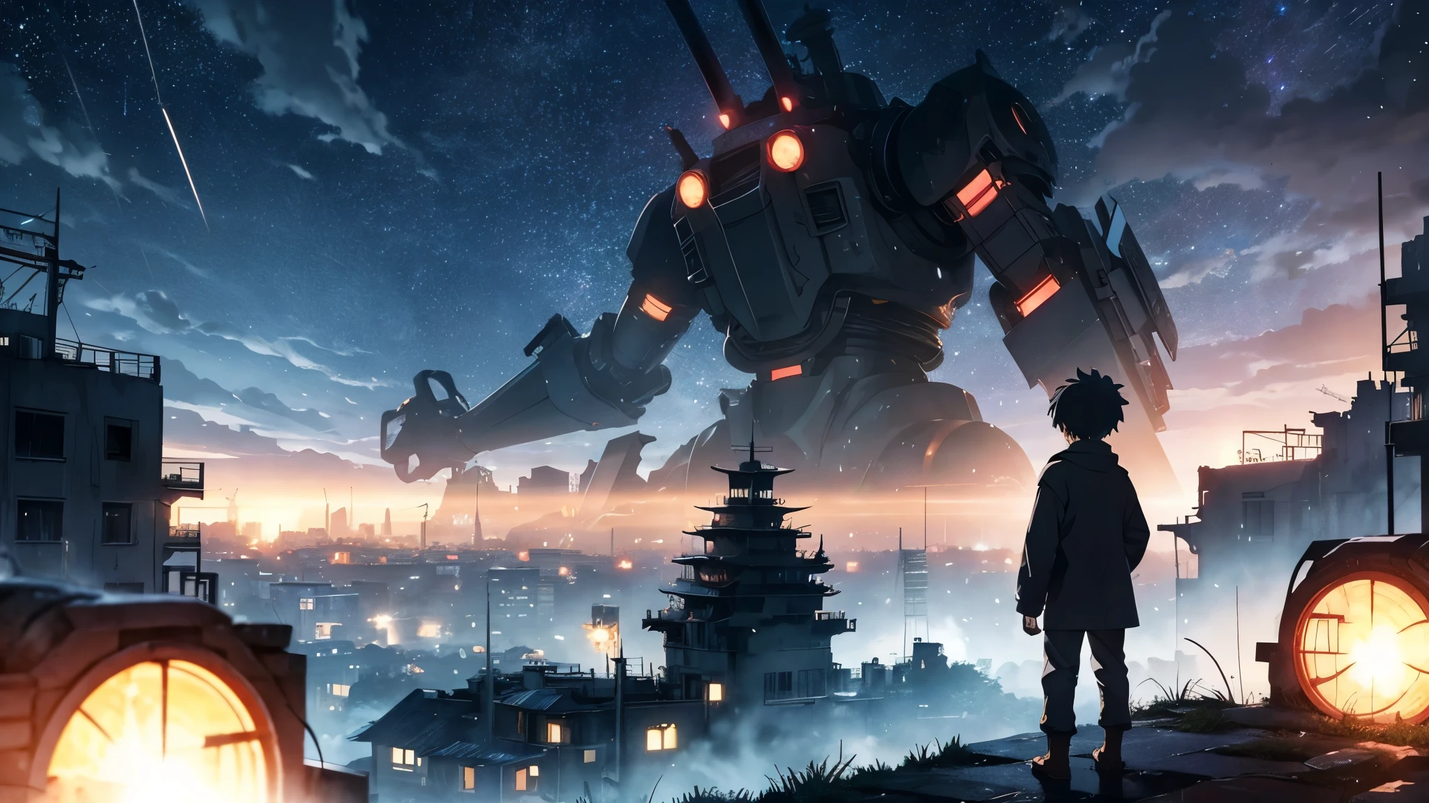 [anime　Ghibli style]The ruined city、The city is devastated by the battlefield and the lights are out。Right in front of a huge, cool robot、Back view of a little boy。The background is night、The rain is falling sadly。The stars are shining in the night sky。I want to create an image that goes well with ambient music.。