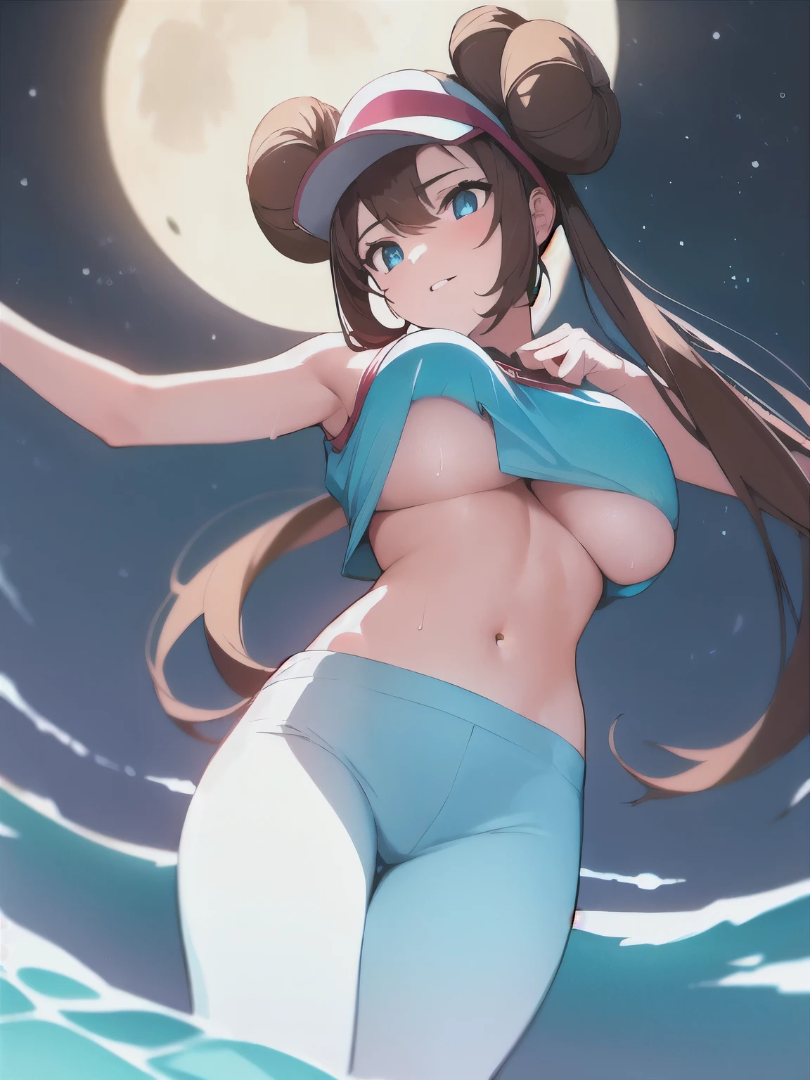 (Highest quality,128k, masterpiece:1.55, photorealistic, hyperrealistic), Ultra detailed face, Detailed lips, Detailed eyes, double eyelid, 
BREAK (close up:1.2), (from below:1.25),  leaning forward, cinematic angle, dynamic angle, 
BREAK 1girl, solo, (full breasts, pointy breasts, sagging breasts:1.5), (perspired:1.5), happy, smile,
BREAK rosa, brown hair, double bun, doughnut hair bun, hair bun, blue eyes, hair between eyes, twintails, longhair,
BREAK (underboob:1.2), sweat, perspired,
BREAK  visor cap, white micro bikini,
BREAK outdoor, Moonlit Ocean, starry sky, full moon, on the beach, 