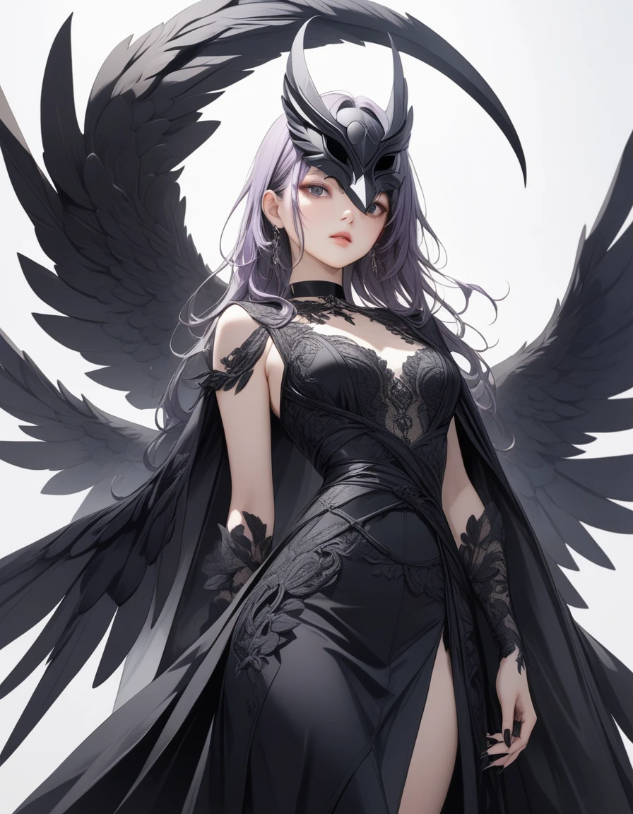 1girl, black choker, black costume, purple and gray details, raven details, long nails, raven mask, simple background, solo, white background, looking at the viewer, (masterpiece), (best quality), (ultra-detailed) ), very aesthetic, illustration, perfect composition, intricate details, mysterious, fantasy,