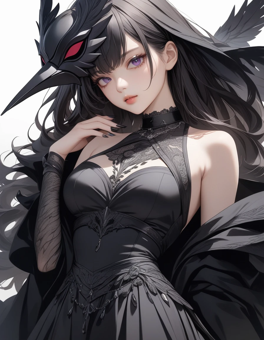 1girl, black choker, black costume, purple and gray details, raven details, long nails, raven mask, simple background, solo, white background, looking at the viewer, (masterpiece), (best quality), (ultra-detailed) ), very aesthetic, illustration, perfect composition, intricate details, mysterious, fantasy,