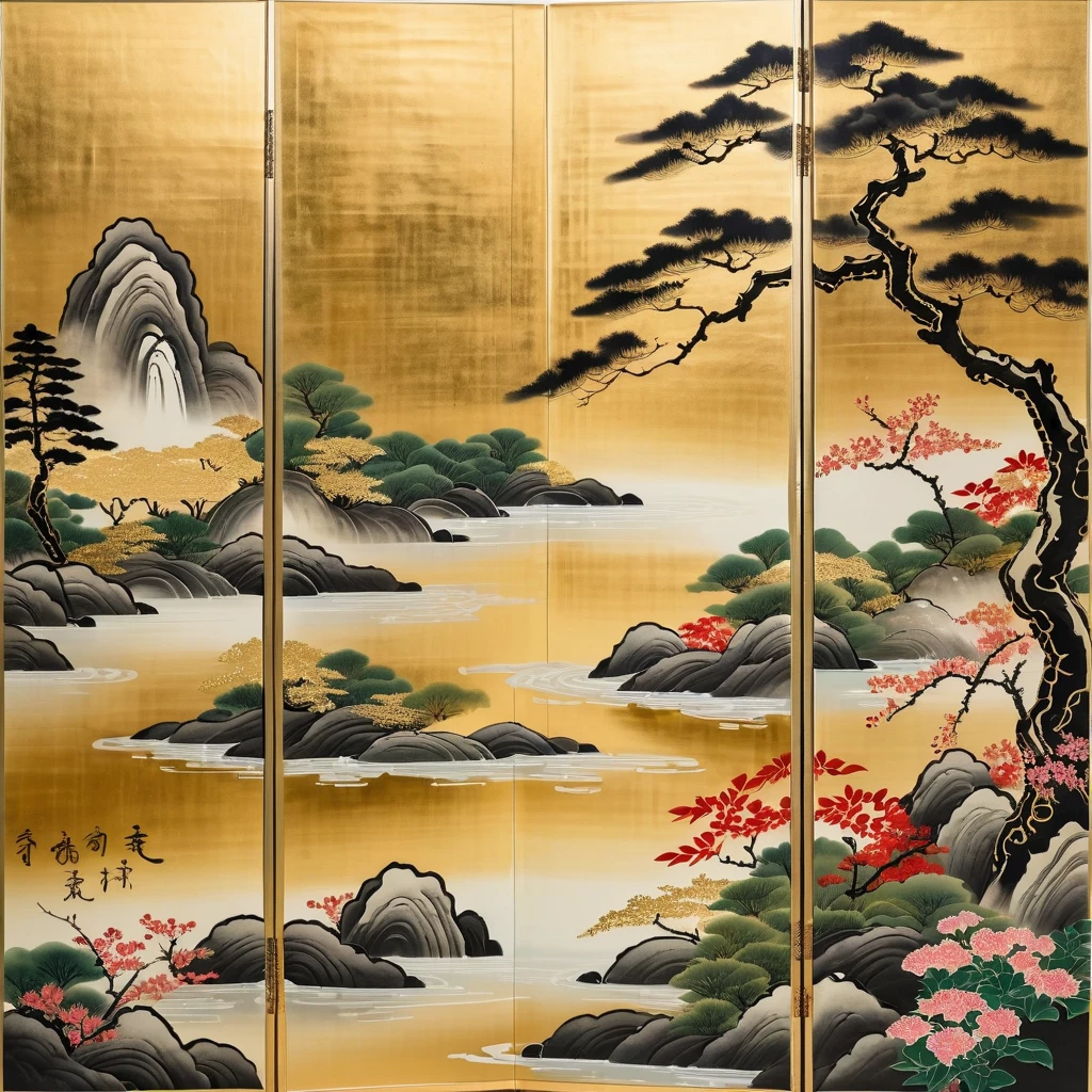 work of art,A folding screen depicting a Japanese garden,Japanese painting with ink and water,(Beautiful gradation created by layers),(Technique Tarashikomi),(Gold powder foundation),(dynamic)