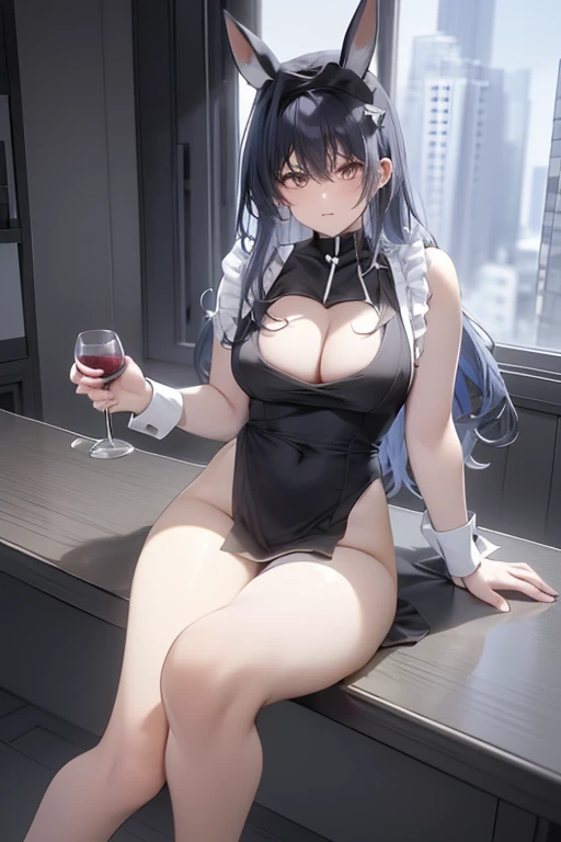 bangs,large breasts,hair ornament,dress,holding,cleavage,bare shoulders,jewelry,sitting,closed mouth,blue hair,yellow eyes,thighs,hairband,alternate costume,choker,indoors,medium hair,necklace,black dress,bracelet,cup,sideboob,sleeveless dress,halterneck,black hairband,holding cup,alcohol,drinking glass,drink,wine glass,arm strap,wine,holding drink,eula (genshin impact)