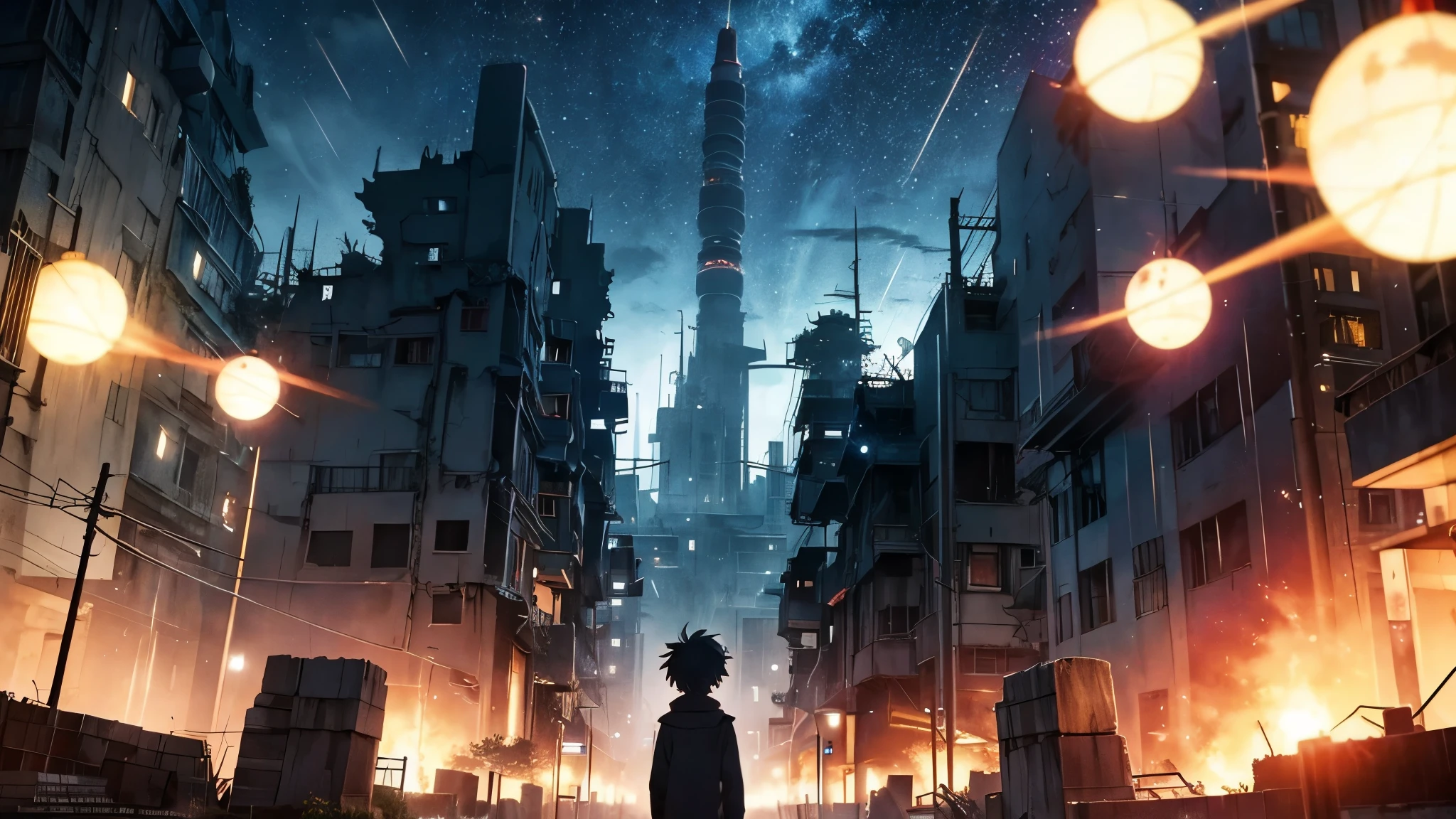 [anime　Ghibli style]The ruined city、The city is devastated by the battlefield and the lights are out。Right in front of a huge, cool robot、Back view of a 。The background is night、The rain is falling sadly。The stars are shining in the night sky。I want to create an image that goes well with ambient music.。