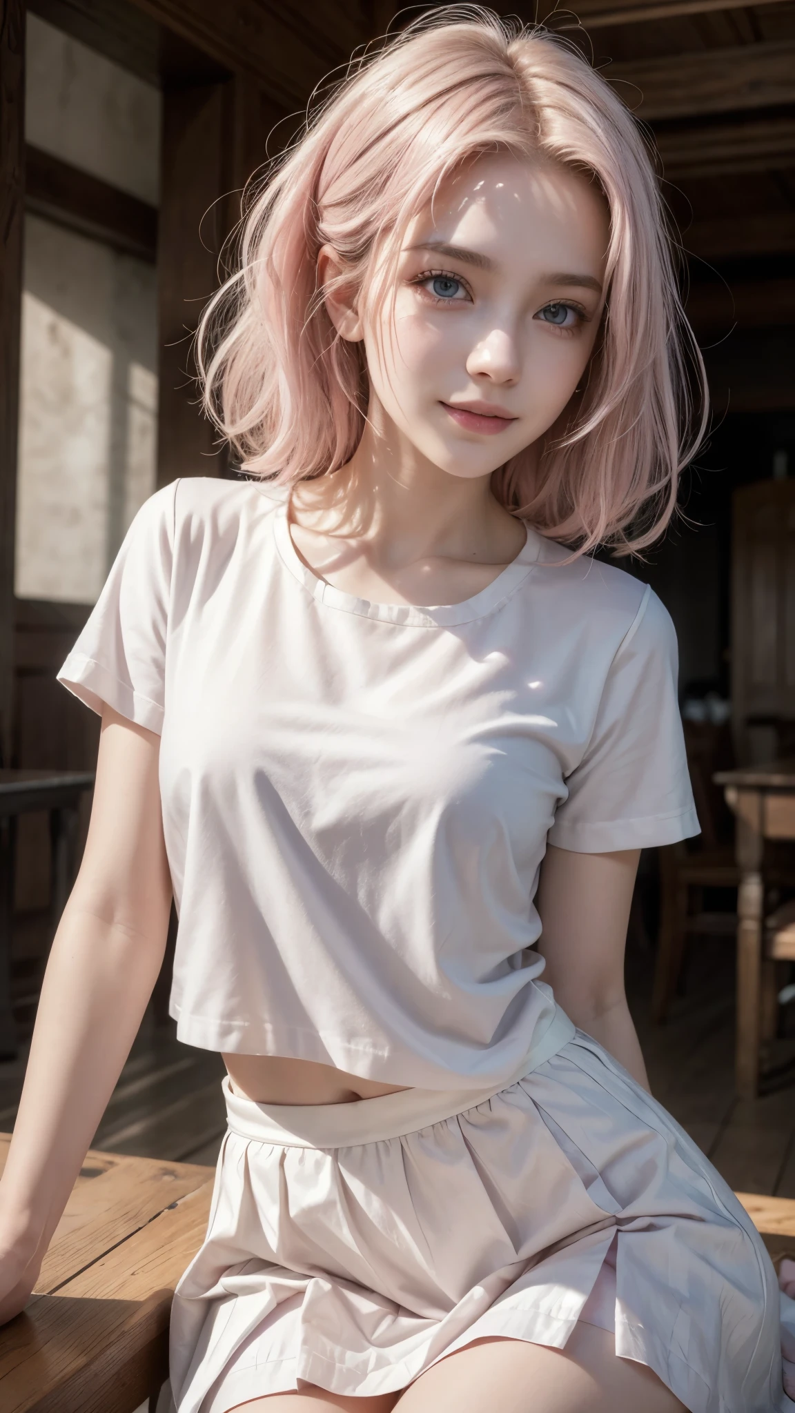 (masterpiece, Best Quality), intricate details, delgado, ((delgado)), beautiful girl, light pink hair, White skin, light purple eyes, sharp jaw, skirt and shirt, messy hair, Lips, Upper part of the body, affected smile