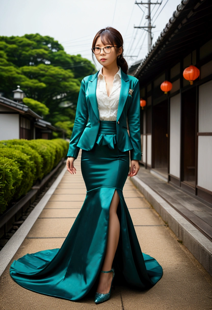 (masterpiece,highest quality,超A high resolution),japanaese girl(((Very beautiful 35 year old girl))), pretty woman, a woman in the mermaid long train skirt,the skirt is very long, full body, wear sexy blazer, wear sexy blouse, wear glasses,long satin, flowy dramatic long skirt,body height 165, random pose, problem with her skirt, wear high heels,  masterpice  (Shiny long train dress mermaid-style long skirt 