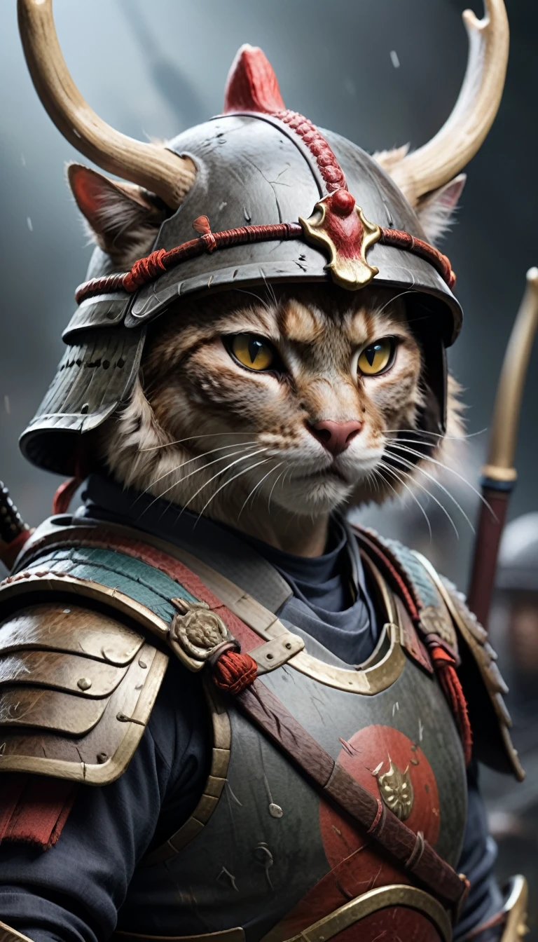 (Close-up Cinematic),Samurai Cat, battlefield,  2D, colorful, Dark atmosphere,Wearing a helmet with deer antlers,Has a long spear