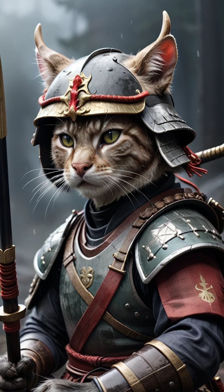 (Close-up Cinematic),Samurai Cat, battlefield, 2D, colorful, Dark atmosphere,Wearing a helmet with deer antlers,Has a long spear