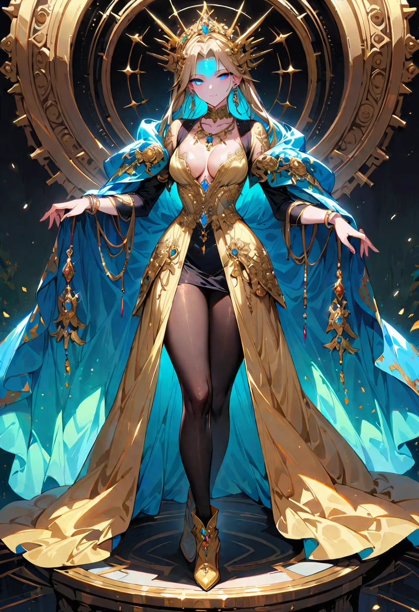 1 young beautiful woman,(Highest quality,Extremely detailed depiction,Incredibly absurd high resolution,Anatomically accurate depiction,Curvy Legs),(Glowing Skin,Shiny skin),(A princess with a noble air),(Expensive sparkly dress,Boots with intricate relief,Metal embroidery,Transparent gemstones and precious metals decoration,Black Pantyhose),(Blue Eyes,Detailed pupil,Half-closed eyes:1.3,Shadowed face,lipstick,There is cleavage in the chest,Cool look),eyelash,Luxury accessories,Earrings,necklace,Bracelet,Standing posture,background:Empire