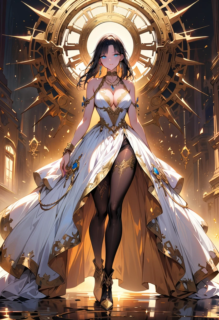 1 young beautiful woman,(Highest quality,Extremely detailed depiction,Incredibly absurd high resolution,Anatomically accurate depiction,Curvy Legs),(Glowing Skin,Shiny skin),(A princess with a noble air),(Expensive sparkly dress,Boots with intricate relief,Metal embroidery,Transparent gemstones and precious metals decoration,Black Pantyhose),(Blue Eyes,Detailed pupil,Half-closed eyes:1.3,Shadowed face,lipstick,There is cleavage in the chest,Cool look),eyelash,Luxury accessories,Earrings,necklace,Bracelet,Standing posture,background:Empire