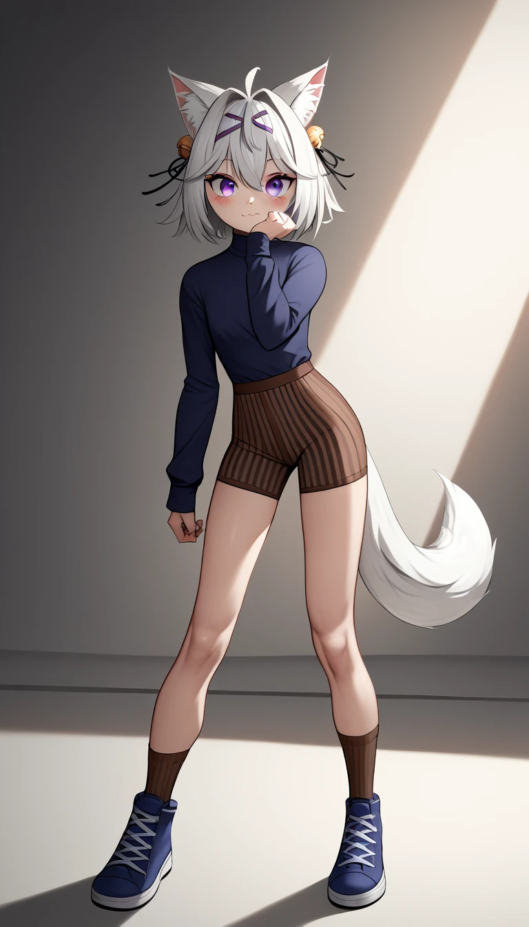 UHD, masterpiece, anatomically correct, high details, high quality, best quality, highres, sharp focus, midnight, ((studio lighting)), front light, full body light, well-lit face, soft light, diffuse light, shade, no shadow, standing up, 1girl, solo, filian, fox tail, cat ears. white hair, short hair, ahoge, hair clip, hair bell, (big eyes), [purple eyes], blush, closed mouth, light smile, small breast, ((blue peacoat)), long sleeves, brown striped shorts, brown knee socks, blue shoes, slim arms, slim legs, Eye-Level shot, full body pose, innocent pose, front view
