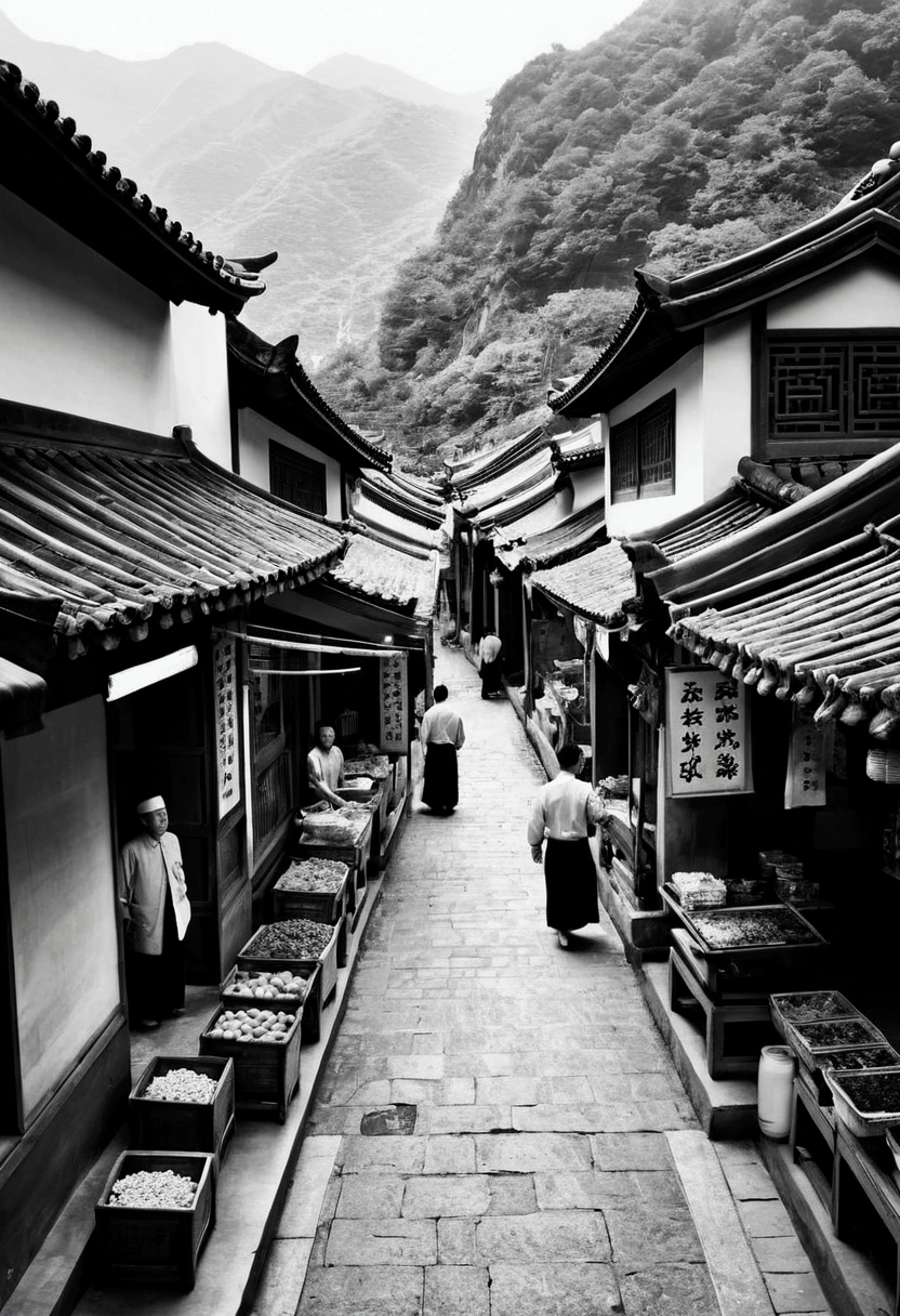 Chinese Ink Painting，Oriental ink painting style，Town streets at the foot of the mountain，one person，Roadside Street，Queue up to sell meat，Men work in stores，Butcher shop，Single-storey building，Lower floors，quadrilateral，Courtyard Style，Ultrafine，Carefully portrayed，high quality，8K，