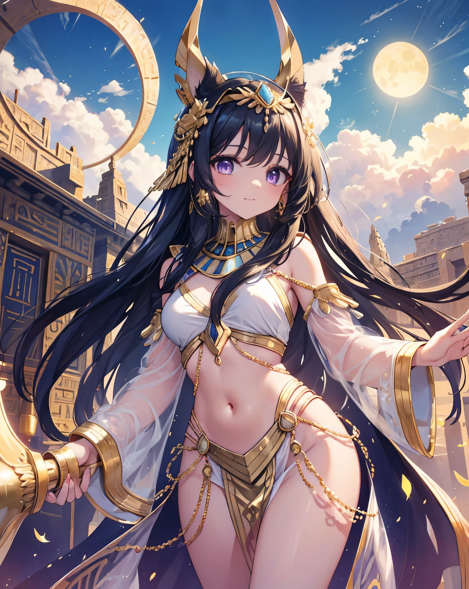 Masterpiece, best quality, ultra detailed, HDR, 8k, anime coloring book. A sphinx-inspired girl with long black hair, neko ears, cat tail, purple eyes, detailed eyes. She is like a god. Made up like an ancient Egyptian. make up like an ancient Egyptian. and purple reflexes. She is smiling a bit. Standing on a high construction, we can see all thr egypt city behind her. Egyptian constructions adorned with hieroglyphs. A warm breeze carries whispers of mystery through the blue sky with little white clouds, sun on the horizon, and a glorious ancient Egypt skyline. Sunflare. King pose.Fantastic and beautiful light creates a mysterious atmosphere. Blue sky, some white clouds, Heaven, cliff, mirage, meteorite, moon, and gold accessories enhance the scene. She is the Pharaoh, set in the era of prosperity and wealth along the Nile River with green plantations. Incredible Egyptian epoch scenery. He has a pharaoh's staff, similar to a golden serpent. Wear a gold tiara. Portrait.cowboy shot. Stunning quality. She's an inspiration. Breeze.