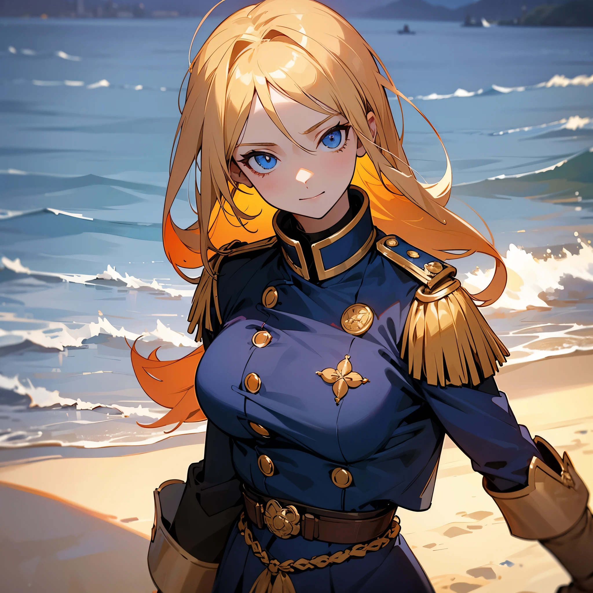 "A historical portrait scene featuring an anime-style female character with blonde hair and blue eyes, wearing a Napoleonic-inspired uniform in navy blue with gold details. She has a confident expression and holds a piece of wood, drawing in the sand on a beach at sunset. Two officers observe in the background, with a dramatic sky in shades of orange and purple. Focus on the face and upper torso, anime style with vibrant colors and refined details."