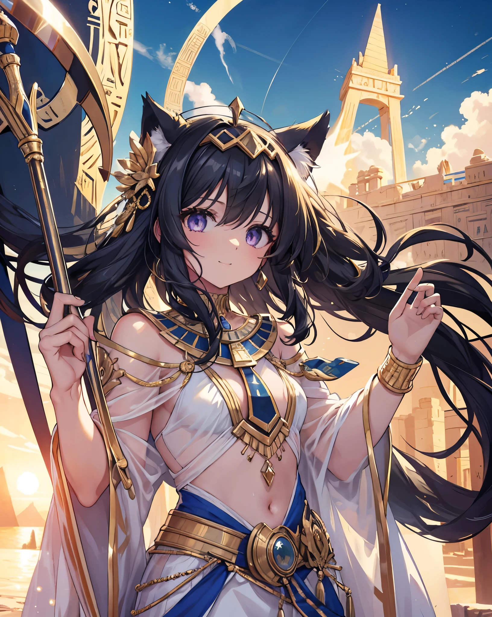 Masterpiece, best quality, ultra detailed, HDR, 8k, anime coloring book. A sphinx-inspired girl with long black hair, neko ears, cat tail, purple eyes, detailed eyes. She is like a god. Made up like an ancient Egyptian. make up like an ancient Egyptian. and purple reflexes. She is smiling a bit. Standing on a high construction, we can see all thr egypt city behind her. Egyptian constructions adorned with hieroglyphs. A warm breeze carries whispers of mystery through the blue sky with little white clouds, sun on the horizon, and a glorious ancient Egypt skyline. Sunflare. King pose.Fantastic and beautiful light creates a mysterious atmosphere. Blue sky, some white clouds, Heaven, cliff, mirage, meteorite, moon, and gold accessories enhance the scene. She is the Pharaoh, set in the era of prosperity and wealth along the Nile River with green plantations. Incredible Egyptian epoch scenery. He has a pharaoh's staff, similar to a golden serpent. Wear a gold tiara. Portrait.cowboy shot. Stunning quality. She's an inspiration. Breeze.