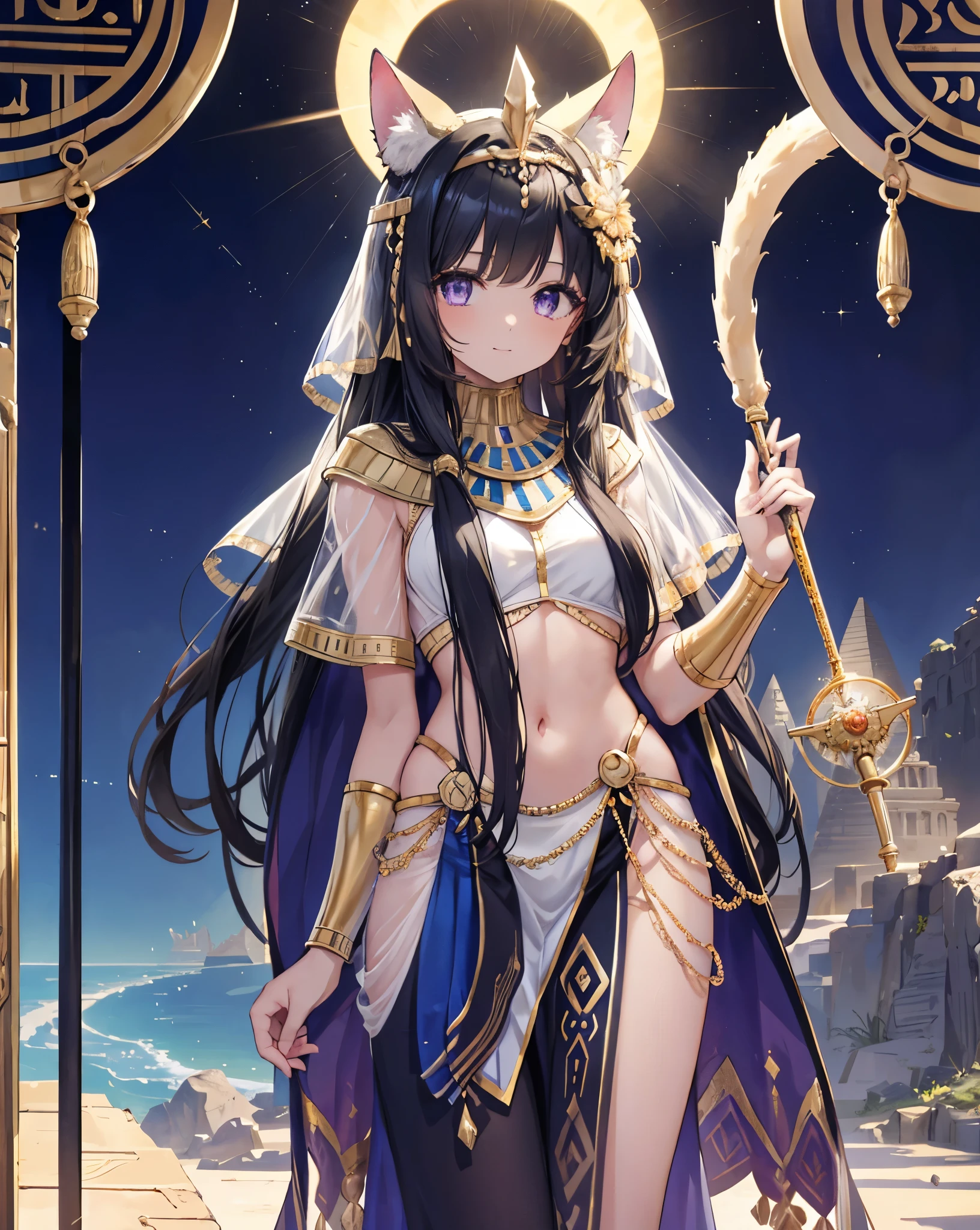 Masterpiece, best quality, ultra detailed, HDR, 8k, anime coloring book. A sphinx-inspired girl with long black hair, neko ears, cat tail, purple eyes, detailed eyes. She is like a god. Made up like an ancient Egyptian. make up like an ancient Egyptian. and purple reflexes. She is smiling a bit. Standing on a high construction, we can see all thr egypt city behind her. Egyptian constructions adorned with hieroglyphs. A warm breeze carries whispers of mystery through the blue sky with little white clouds, sun on the horizon, and a glorious ancient Egypt skyline. Sunflare. King pose.Fantastic and beautiful light creates a mysterious atmosphere. Blue sky, some white clouds, Heaven, cliff, mirage, meteorite, moon, and gold accessories enhance the scene. She is the Pharaoh, set in the era of prosperity and wealth along the Nile River with green plantations. Incredible Egyptian epoch scenery. He has a pharaoh's staff, similar to a golden serpent. Wear a gold tiara. Portrait.cowboy shot. Stunning quality. She's an inspiration. Breeze.