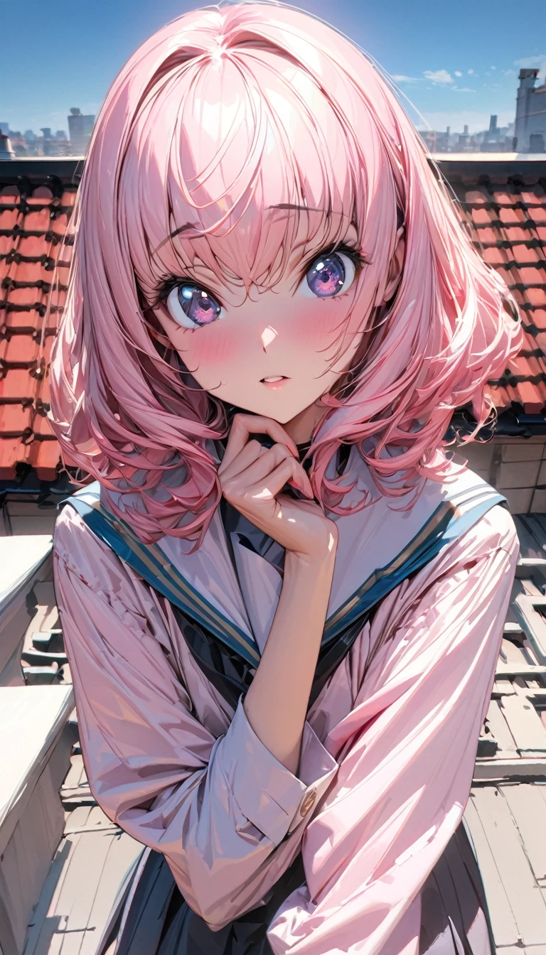 One person, woman, Ultra-high resolution, 超detailed, Highest quality, 8k,((Highest quality)), ((masterpiece)), (detailed),Face direction(front),Hair Color(Bright pale pink,Fine hair quality), Hairstyle(Well-organized), background(Rooftop,),eye(きれいなeye元), clothing(high school girl),expression(Exquisite features depicting a perfect face),Body Type(model,Glamorous),Perfect hands,完璧なwoman像, Dramatic Shadows, Japanese, Cute pose, Anime characters,Code Geass ,