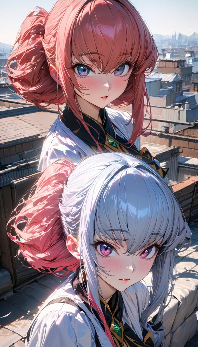 One person, woman, Ultra-high resolution, 超detailed, Highest quality, 8k,((Highest quality)), ((masterpiece)), (detailed)，Face direction(front)，Hair Color(Bright pale pink,Fine hair quality), Hairstyle(Well-organized), background(Rooftop,)，eye(きれいなeye元), clothing(high school girl)，expression(Exquisite features depicting a perfect face)，Body Type(model,Glamorous)，Perfect hands，完璧なwoman像, Dramatic Shadows, Japanese, Cute pose, Anime characters,Code Geass , 