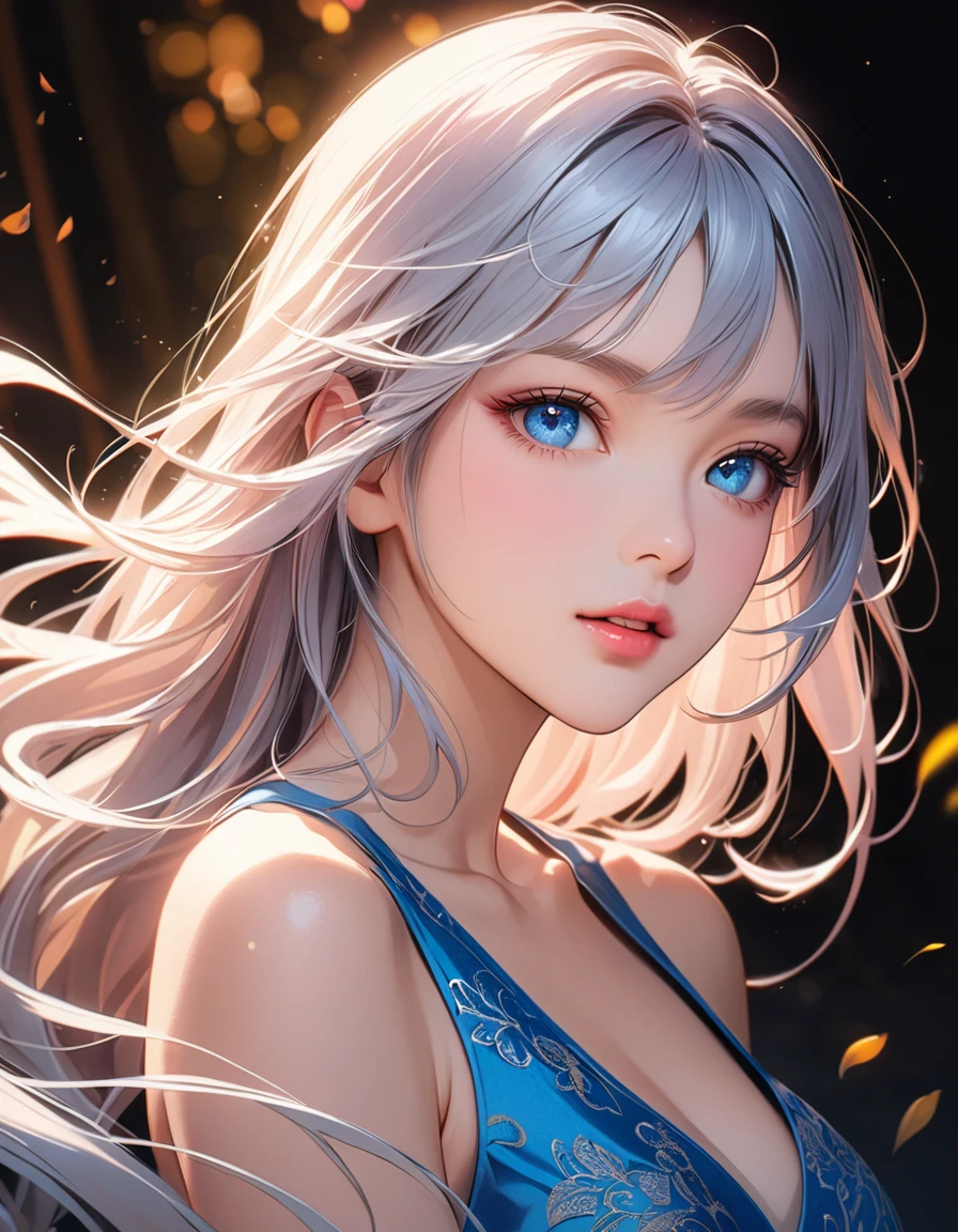 elegant young woman with long silver hair and vibrant blue eyes, wearing a short white camisole and cropped shirt, detailed face and body, beautiful detailed eyes, beautiful detailed lips, extremely detailed eyes and face, long eyelashes, illustration, anime style, highly detailed, 8K, photorealistic, masterpiece, vivid colors, soft lighting, delicate skin, flowing hair, detailed fabric textures, intricate details, dynamic pose
