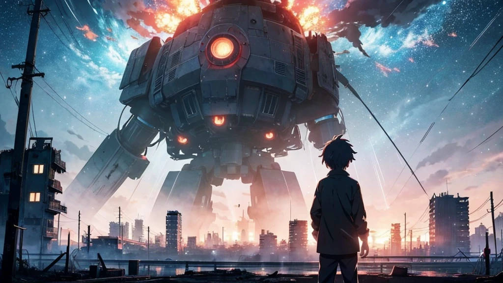 [anime　Ghibli style]The ruined city、The city is devastated by the battlefield and the lights are out。Right in front of a huge, cool robot、Back view of a little boy。The background is night、The rain is falling sadly。The stars are shining in the night sky。I want to create an image that goes well with ambient music.。