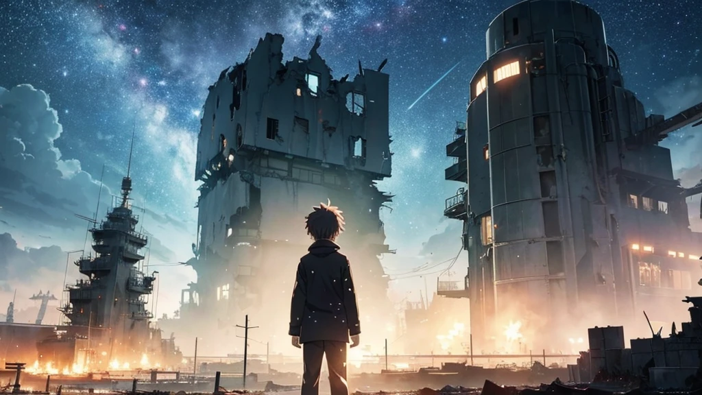 [anime　Ghibli style]The ruined city、The city is devastated by the battlefield and the lights are out。Right in front of a huge, cool robot、Back view of a 。The background is night、The rain is falling sadly。The stars are shining in the night sky。I want to create an image that goes well with ambient music.。