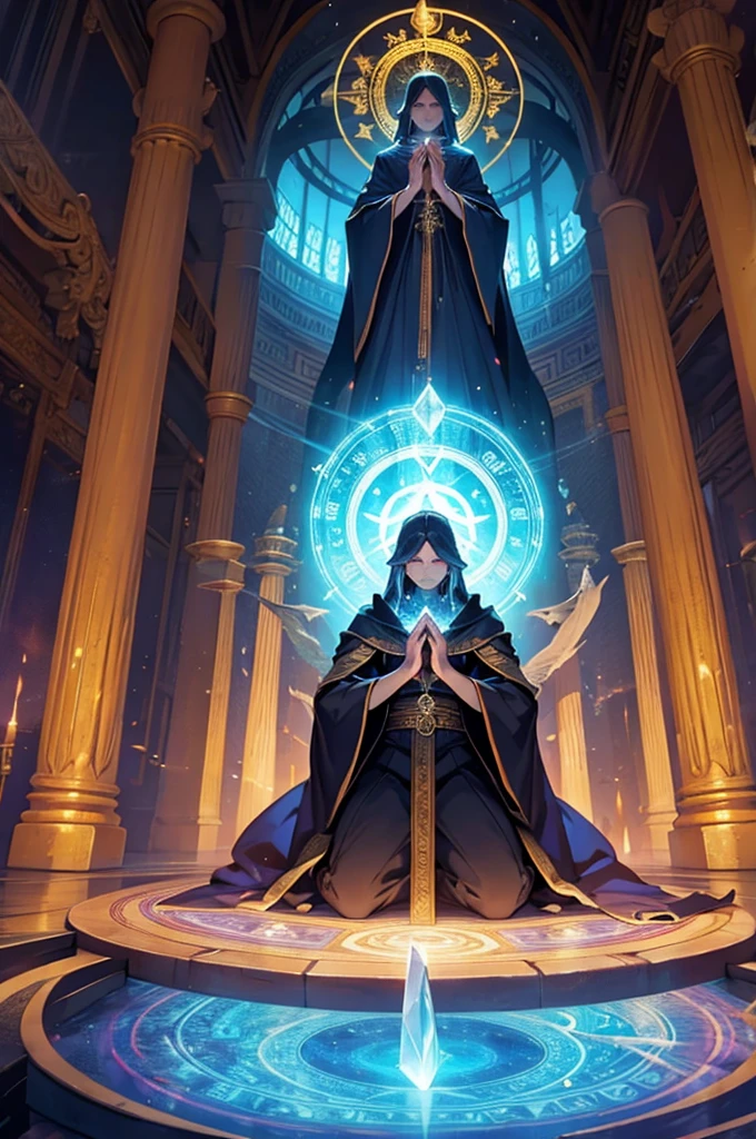 a group of sorcerers who pray to a gigantic magic crystal which seems to float, in a temple, magic circle, magic sparks, detailled,