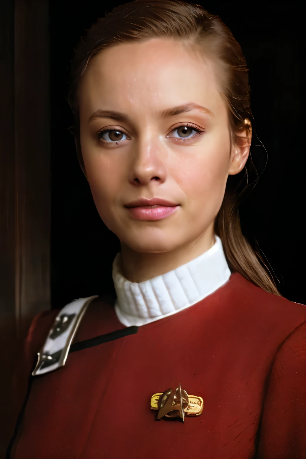 BrieL, in ((red twokunf uniform:1.3)), 8k raw, high res, ultrarealistic, hyperrealistic, soft lighting, good lighting, textured skin, photorealism, high details, DSLR photo, detailed face, detailed hair, skin pores, (looking at viewer), (Real Eyes), (Detailed Eye Corneas), (detailed pupils), ((smiling)), photo lab, elegant, insane details, hyperdetailed, low contrast, epiCRealism, Detailed and realistic photography, intricate and realistic eyes, shot outside, skin texture, soft natural lighting, magical photography, dramatic lighting, ultra-detailed, Kodak 800T, ((SFW))  