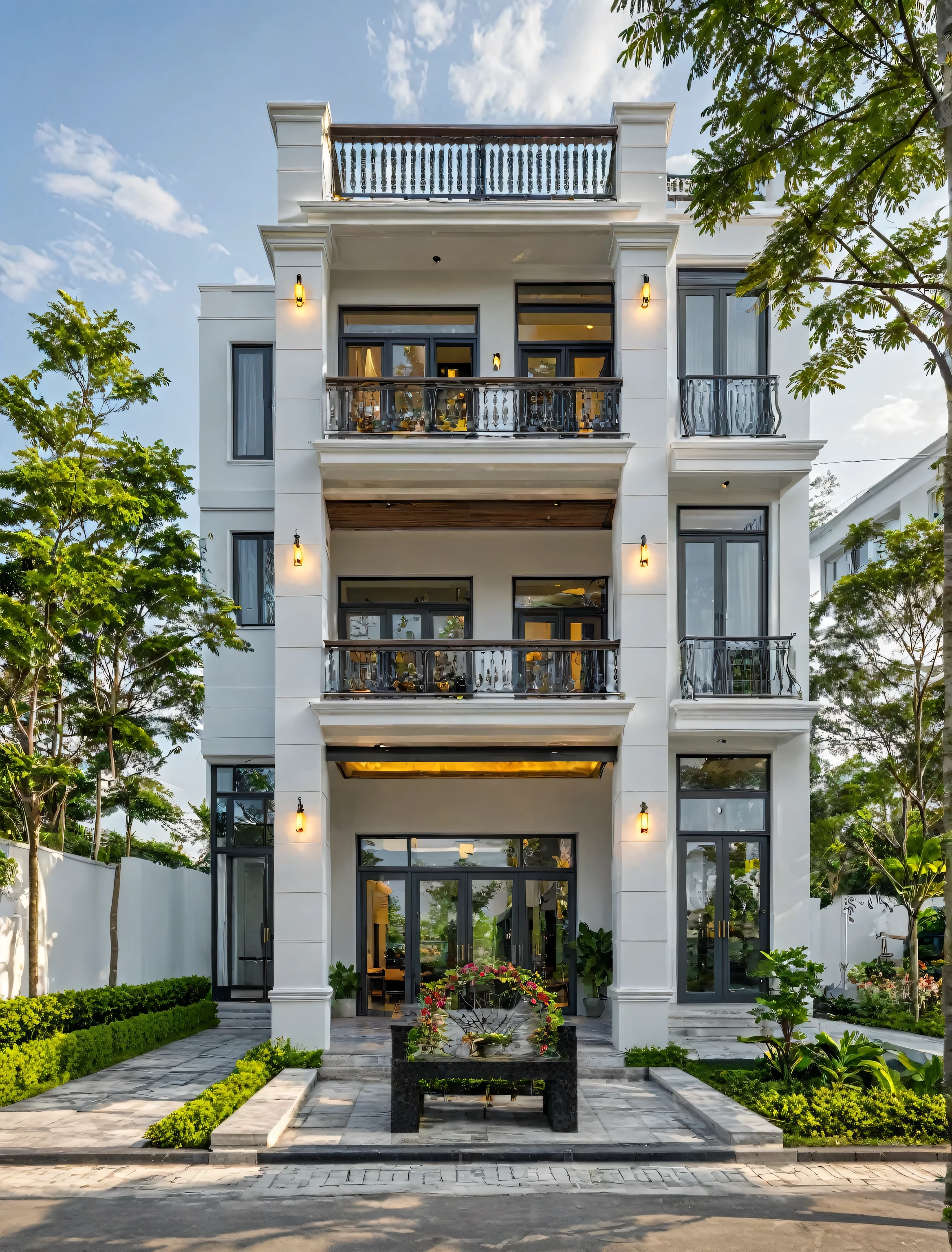 Modern exterior, (daylight), tropical tree, vivid colour, streetcapes, white tone, white wall, large glass door, warm interior lighting, wood and marble, best quality, 20ArchiAI_XL_NeoTH-v2