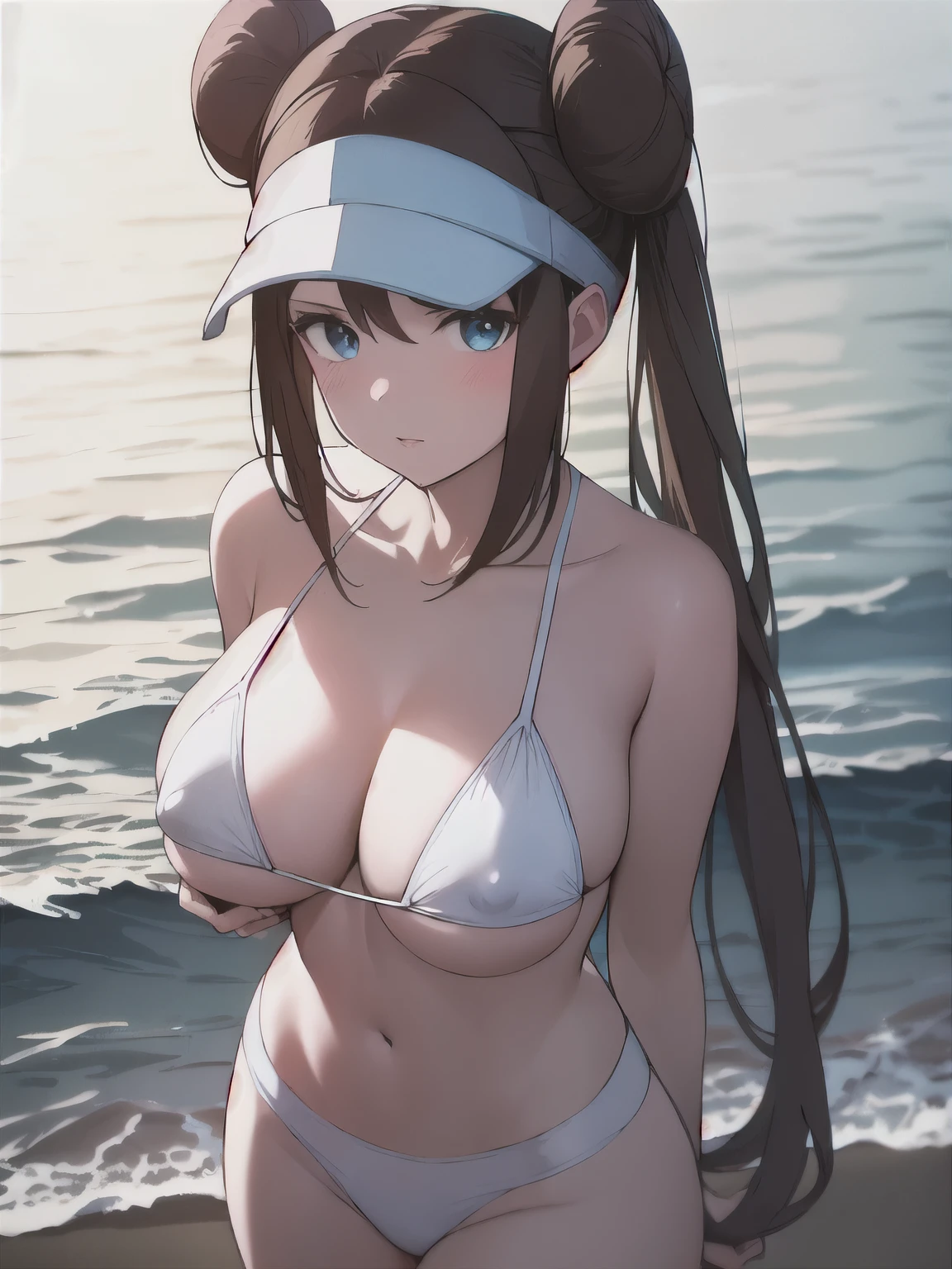 (Highest quality,128k, masterpiece:1.55, photorealistic, hyperrealistic), Ultra detailed face, Detailed lips, Detailed eyes, double eyelid,
BREAK cinematic angle, Walking on the beach, walking,
BREAK 1girl, solo, (full , pointy breastsng breasts:1.5), red:1.5),
BREAK rosa, brown hair, double bun, doughnut hair bun, hair bun, blue eyes, hair between eyes, twintails, longhair,
BREAK (nipples through:1.2), visor cap, white micro bikini,
BREAK outdoor, Moonlit Ocean, on the beach,