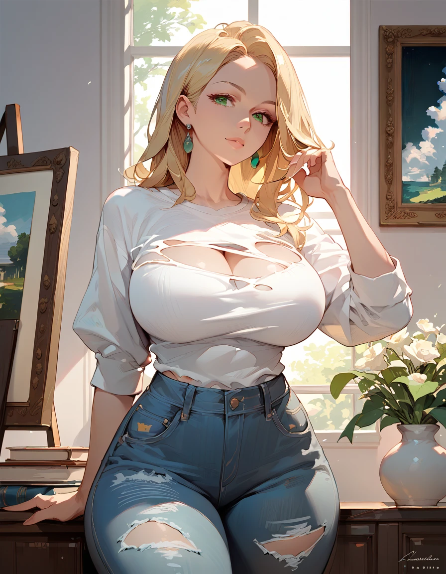 (score_9,score_8_up,score_7_up),1woman,solo,source_anime,mature,big sister,middle age,blonde hair,green eyes,wide hips, large breasts,looking at viewer, Painting, white old shirt, blue ripped jeans, studio