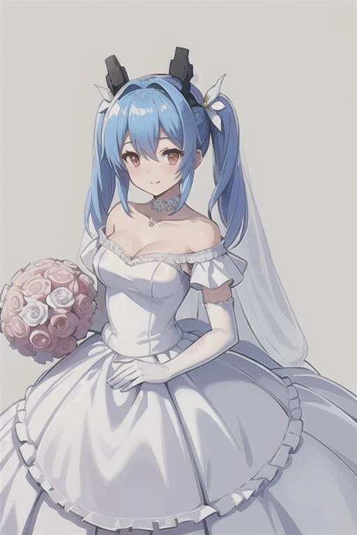 prinz eugen \(warship girls r\),((Masterpiece)), (((Best quality))), ((Ultra-detailed)), ((illustration)), ((Disheveled hair)), ((frilld)), (1 girl), (Solo), Bare shoulders , Blue hair , Bouquet , choker necklace, clavicle , Clothing , dress , Elbow gloves, Female , flower , frilld, Collection, mitts, hair between eye, Headgear , Holding, holding flower bouquet , holding object , Light smile, view the viewer, Red eyes, Short twin tails, No shoulder strap , Strapless dress , hair tying, double tails, two hand , (Wedding dress:1.2), a white choker , White dress, White gloves, a white choker , white sash ,