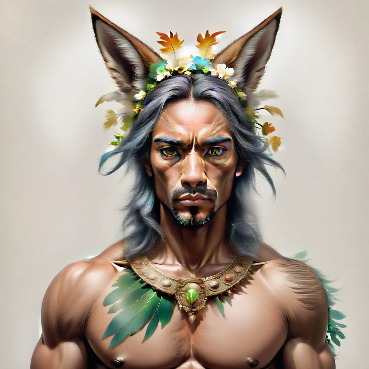 immaculate brushstroke, perfect mix, consistency color scheme, imposing physique, floral headdress, creative interactions, different art, vibrant usa figure, innovative composition, fine hair, Visual peculiar, Apelo visual, occlusions for added aesthetic value, Carefully calculated angles capture subtleties like texture variations and material nuances, textures and hues harmonize perfectly, humanoid canine taur character, Detailed anatomy and proportions creating perfect harmony between form and function, highlighting fabric textures and shapes