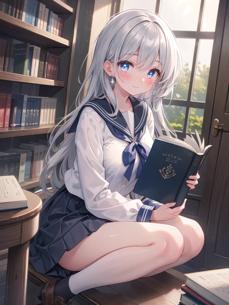 (8K, Best Quality, Masterpiece:1.3)), Ultra High Resolution, (1 Girl, 1 Person), (Color Changing Eyes, Super Detailed, Expressive Sparkle, Sparkling, Glowing Eyes), Highly Detailed Eyes, Highly Detailed Face, Random Hair, (Silver Gray Color), "A woman wearing a low-cut sailor uniform." The background is a library reading area, a calm space featuring rows of bookshelves and a large table for reading. The library's indirect lighting creates a quiet and calm atmosphere. The woman is captured at an angle from above, with her silver hair hanging straight down.

She is wearing a white and blue sailor uniform with a low-cut neckline. The V-shaped cut of the uniform accentuates her chest, and a simple black bra can be seen underneath. The lace of the bra is faintly visible, and the skirt of the sailor uniform is below the knees, with a blue ribbon tied around her chest.

She is wearing an intelligent smile with a slight blush on her face. Her figure blends in with the tranquil atmosphere of the library, and the gentle light in the background adds a soft glow to the whole image.(nsfw:1.2)