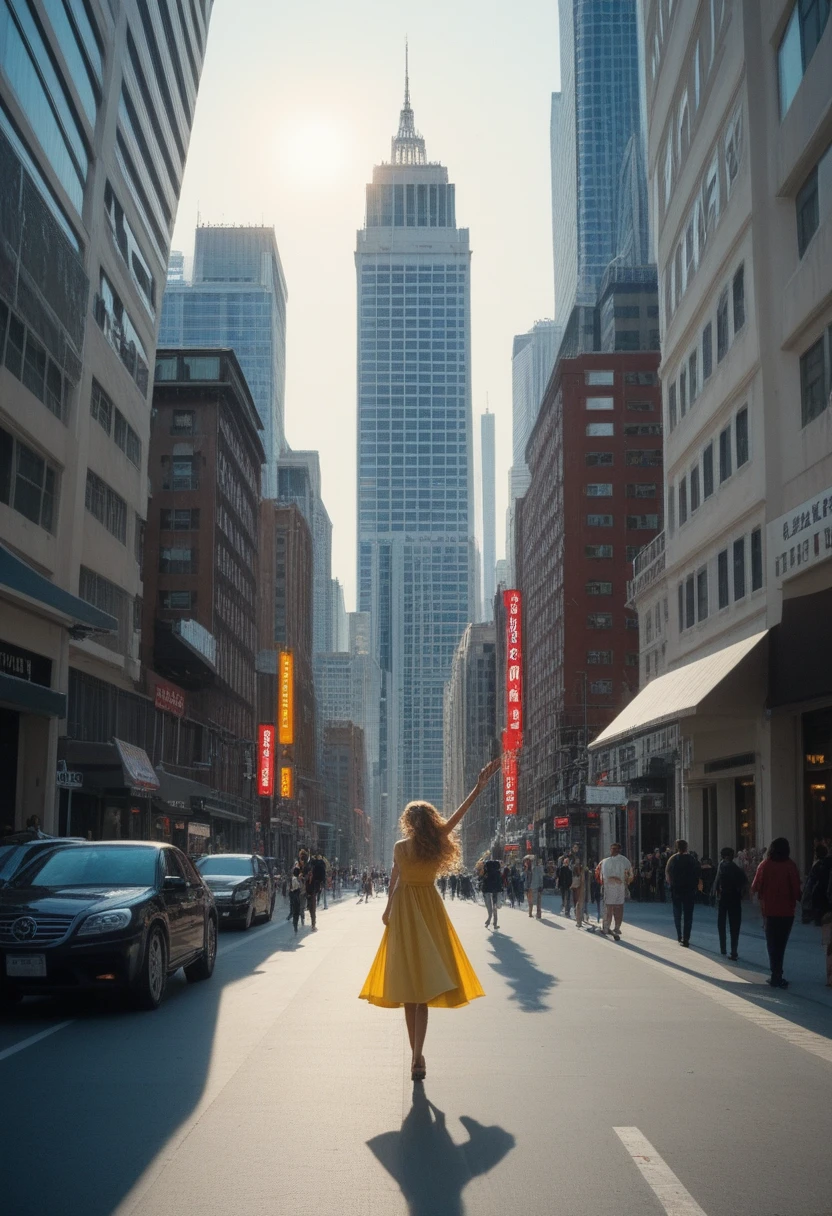 Create a hyper-realistic image of a beautiful girl mid-jump from the top of a tall building in New York City. She has long, flowing hair that streams behind her in the wind, capturing the motion of her fall. Her face shows a mixture of exhilaration and serenity, with wide, expressive eyes and a slight smile. She is dressed in a stylish, modern outfit—perhaps a flowing dress or sleek, casual wear that moves dynamically with her jump.
The background should vividly depict the iconic New York City skyline, with recognizable skyscrapers like the Empire State Building and One World Trade Center visible in the distance. The city below is bustling, with detailed streets, yellow taxis, and crowds of people going about their day.
The lighting is natural, with the sun casting realistic shadows and highlights on her and the surrounding buildings. The wind adds to the realism, affecting her hair and clothes, giving a sense of motion and freedom.
The overall mood of the image is a mix of thrill and liberation, capturing the essence of a moment suspended in time against the vibrant backdrop of New York City