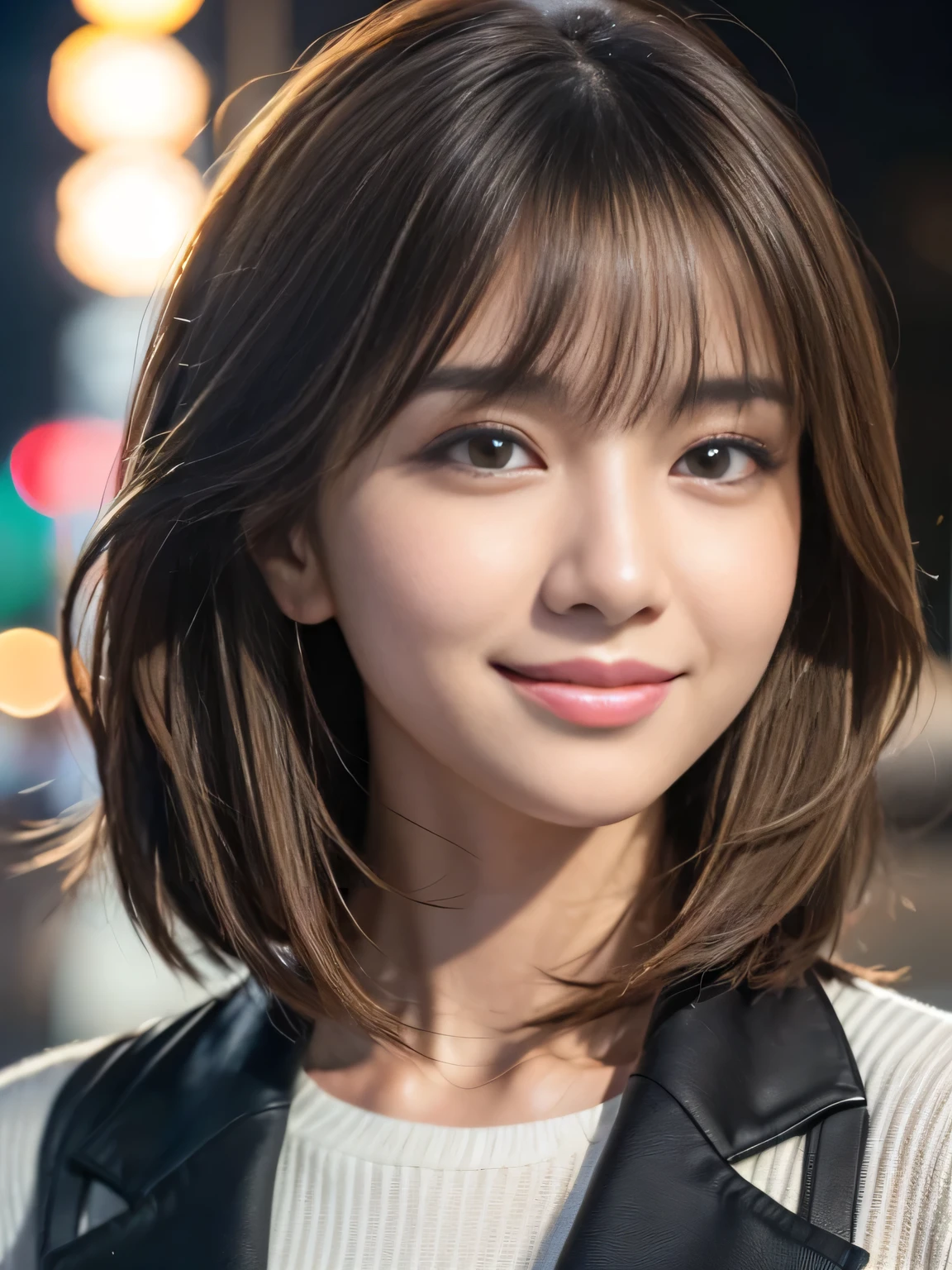 masterpiece, best quality, ultra-detailed, intricately detailed hyperdetailed, realistic, sharp features, highly detailed, sharp focus, Realistic, Photorealistic:1.3, perfect face, perfect symmetrically eyes, perfect full lips, hyper detailed, hyper realistic, high resolution, Fashion Model, Attractive Japanese Idols, (19 years old:1.3), Slender, Stylish, model poses, Beautiful Face, light brown hair, messy hair, asymmetrical bangs, (seductive smile:1.2), (looking at viewer), cinematic lighting, downtown at night, White knit
