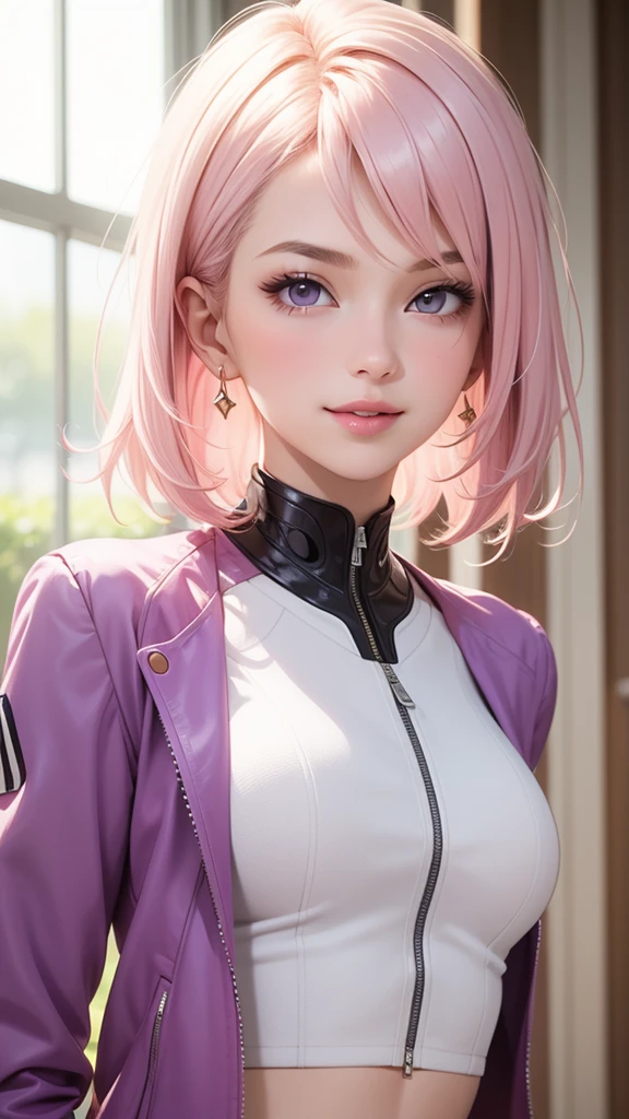 (masterpiece, best quality), intricate details, thin, ((slim)), beautiful girl, Light pink hair, white skin, light purple eyes, sharp jawline, cropped jacket, messy hair, lips, upper body, smirk
