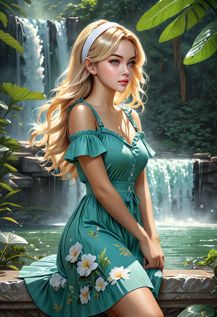 Thirst trap beautiful women. green sun dress, clean girl aesthetic. Her hair iblonde super strait and sleek, White hairband. official art is an award-winning digital masterpiece in 4K Ultra HD, featuring extreme detail and intricate realism. It combines the artistry of Wlop and Artgerm in a stunning 2D vector illustration. The background is a tranquil waterfall.