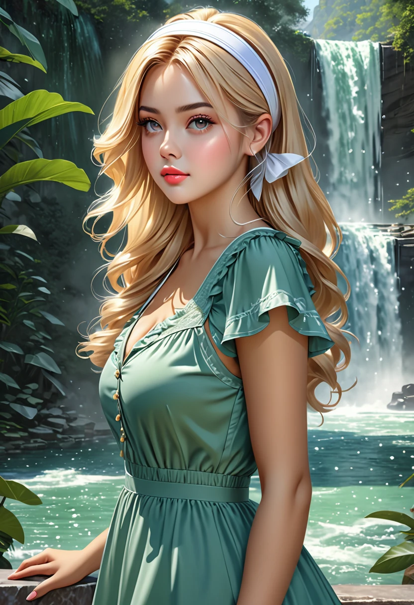 Thirst trap beautiful women. green sun dress, clean girl aesthetic. Her hair iblonde super strait and sleek, White hairband. official art is an award-winning digital masterpiece in 4K Ultra HD, featuring extreme detail and intricate realism. It combines the artistry of Wlop and Artgerm in a stunning 2D vector illustration. The background is a tranquil waterfall.
