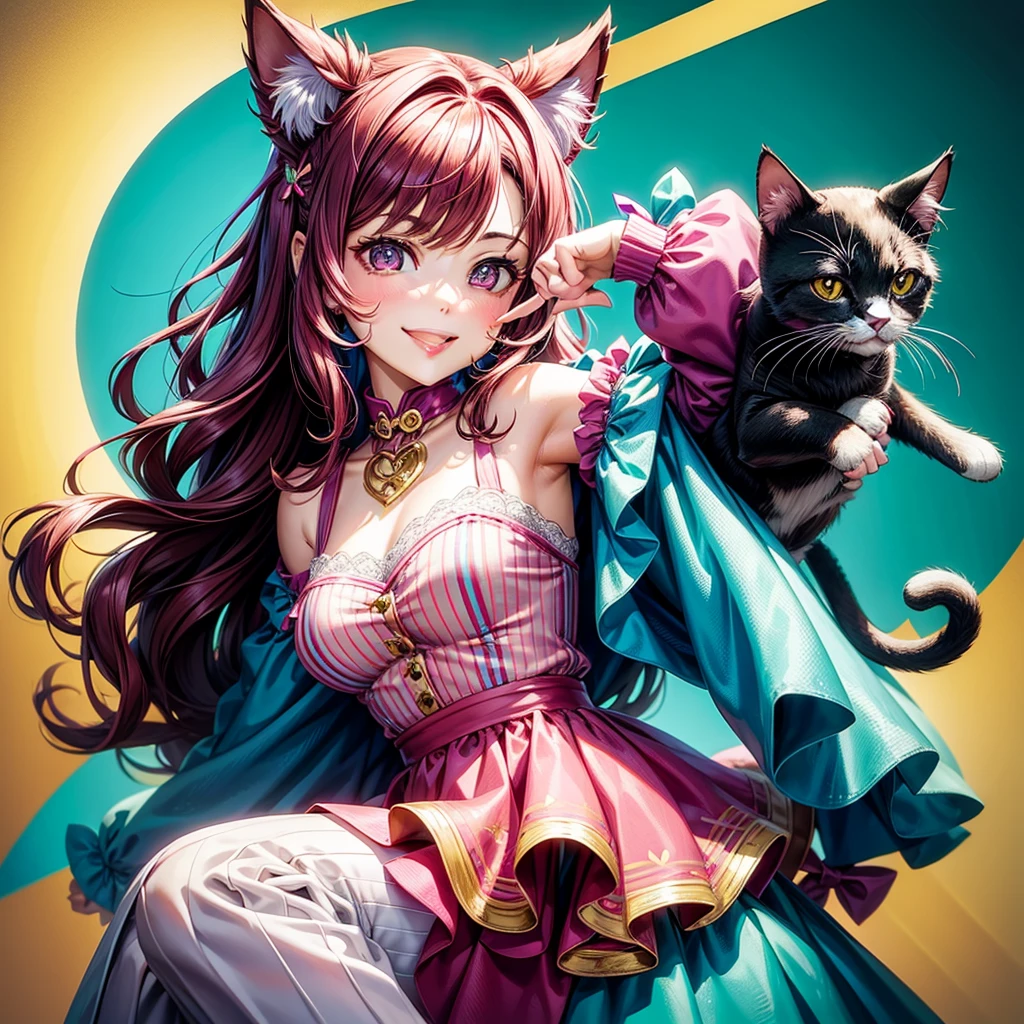 Magenta hair, brown eyes, older woman, hair bows, cat ears, long hair, smiling face, teal and gold outfit, pretty background