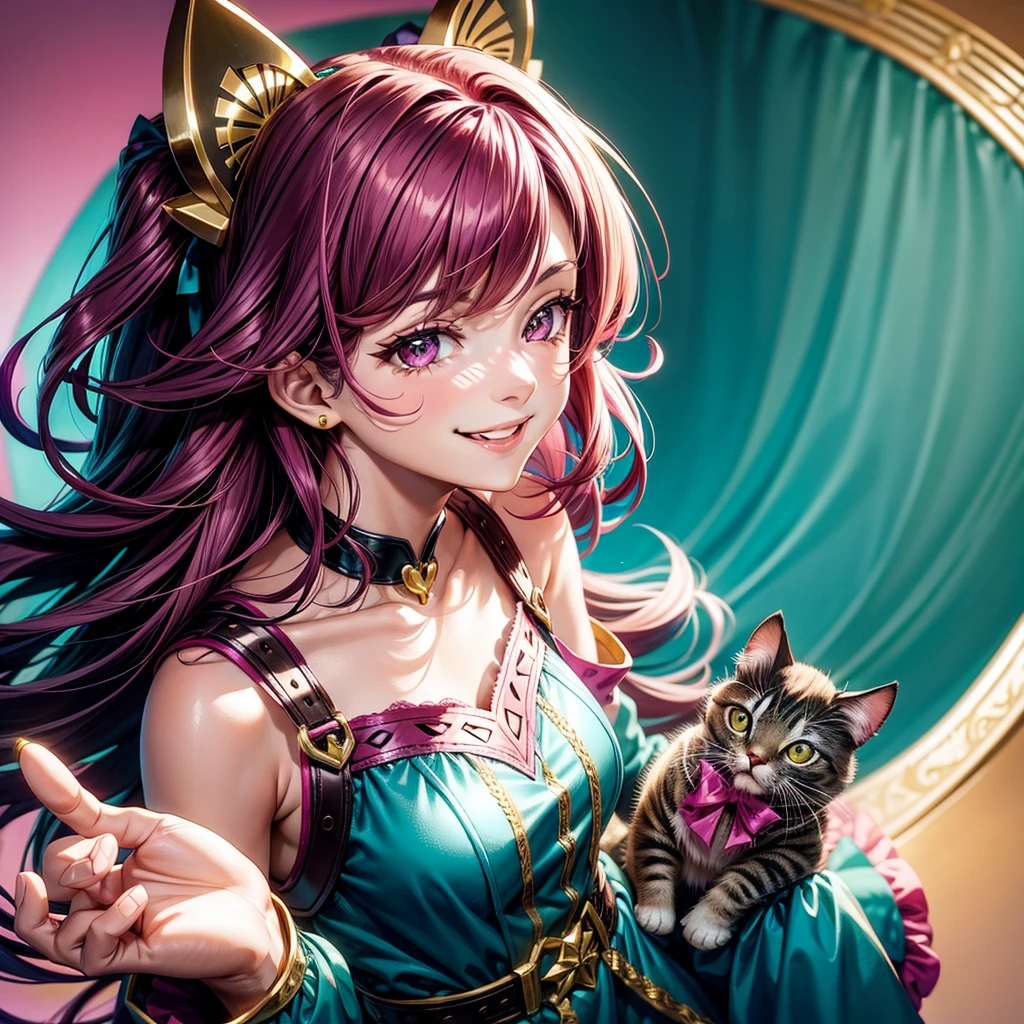Magenta hair, brown eyes, older woman, hair bows, cat ears, long hair, smiling face, teal and gold outfit, pretty background