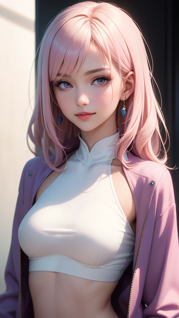 (masterpiece, best quality), intricate details, thin, ((slim)), beautiful girl, Light pink hair, white skin, light purple eyes, sharp jawline, cropped jacket, messy hair, lips, upper body, smirk