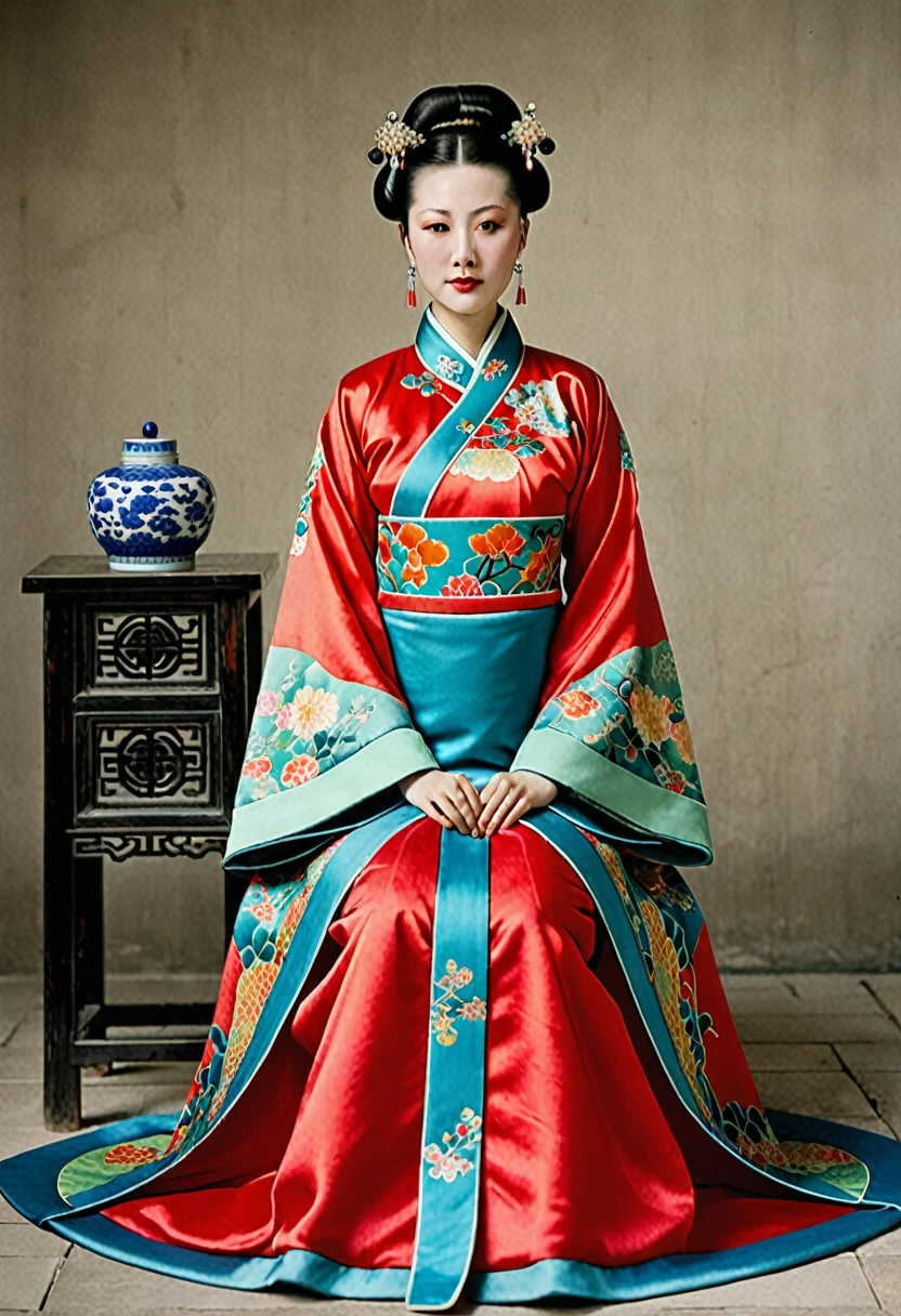 Woman seen from the front, Sitting facing forward with legs apart. A 20-year-old Qing empress in the Chinese imperial court during the Qing dynasty. The Empress is wearing a red Manchu dress with floral patterns.、Open front。, Revealing the chest, Lower abdomen, Thighs and legs.。She doesn't wear underwear, And her big breasts are exposed., Even the belly fat. Her hair is tied up and pulled up, The background is the stone paving of a Chinese palace during the Qing Dynasty.