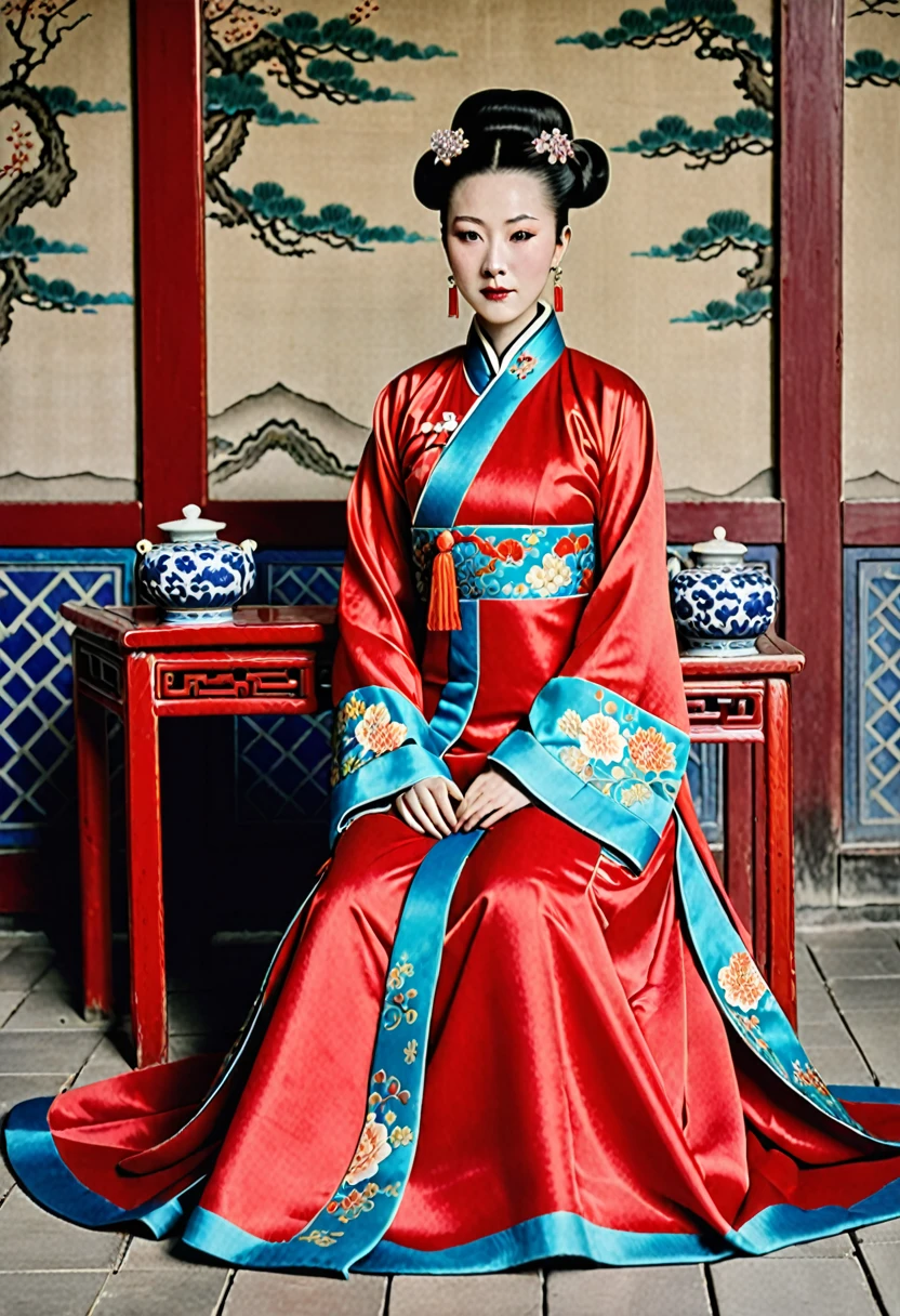 Woman seen from the front, Sitting facing forward with legs apart. A 20-year-old Qing empress in the Chinese imperial court during the Qing dynasty. The Empress is wearing a red Manchu dress with floral patterns.、Open front。, Revealing the chest, Lower abdomen, Thighs and legs.。She doesn't wear underwear, And her big breasts are exposed., Even the belly fat. Her hair is tied up and pulled up, The background is the stone paving of a Chinese palace during the Qing Dynasty.