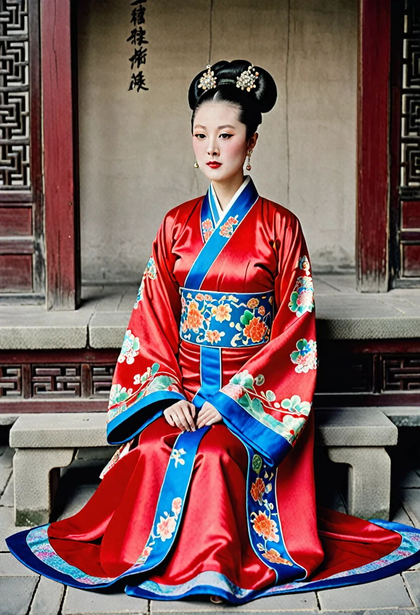 Woman seen from the front, Sitting facing forward with legs apart. A 20-year-old Qing empress in the Chinese imperial court during the Qing dynasty. The Empress is wearing a red Manchu dress with floral patterns.、Open front。, Revealing the chest, Lower abdomen, Thighs and legs.。She doesn't wear underwear, And her big breasts are exposed., Even the belly fat. Her hair is tied up and pulled up, The background is the stone paving of a Chinese palace during the Qing Dynasty.