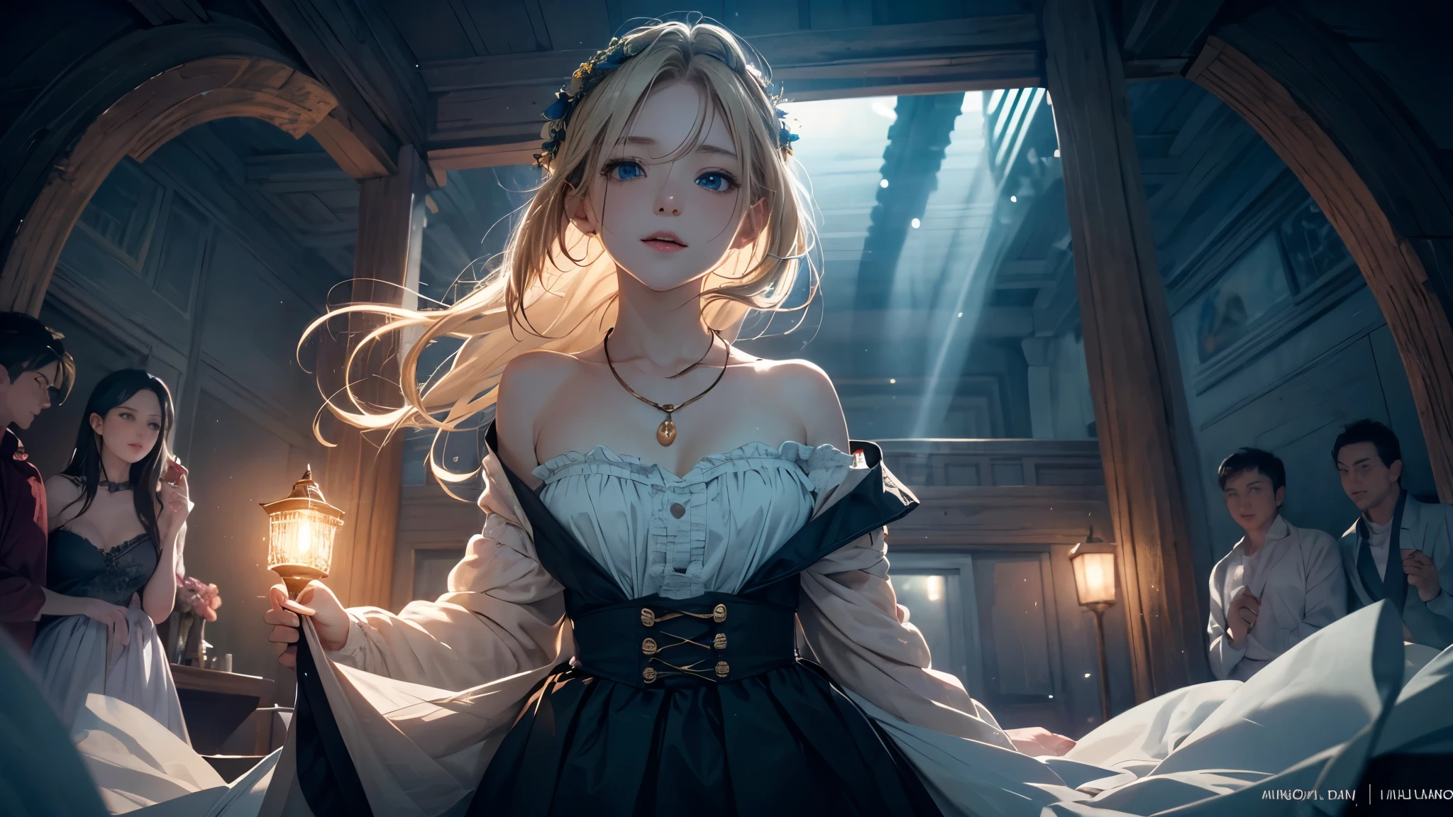 masterpiece),(top-quality:1.2),1girl in,(masuter piece:1.3),exquisitedetails, Highest quality 8K resolution, Ultra-detailed, Realistic, Vibrant colors, Soft tones, With warm and gentle lighting,(Smooth straight blonde hair:1.2),(Hair parted in the middle:1.3),(Glowing hair),(Dark blue eyes:1.3),White skin, hair clips,Small necklace,A gentle feeling overflows,The sun's rays illuminate joy and pure love, Warm golden glow,The atmosphere is full of happiness and laughter, As if celebrating love,Ultra-detailed depiction and vivid colors,A style that combines romanticism and realism,depth of love,color palettes,Create an ethereal atmosphere like a dream,Lighting is soft and diffused,masterpiece artwork,light light on the face,