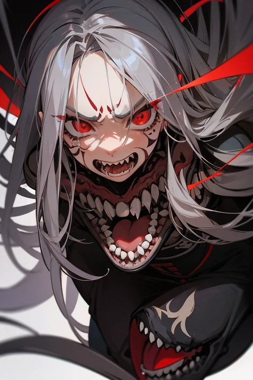 masterpiece, Highest quality, High detail, Very detailed, Anatomically correct, One woman in her 20s, Gray Hair, Long Hair, Red eyes, Slanted Eyes, pupils are constricted, anger, Double teeth,Facial tattoo,background,hell, destruction、cranium,