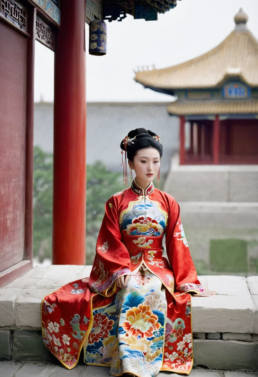 Woman seen from the front, Sitting facing forward with legs apart. A 20-year-old Qing empress in the Chinese imperial court during the Qing dynasty. The Empress is wearing a red Manchu dress with floral patterns.、Open front。, Revealing the chest, Lower abdomen, Thighs and legs.。She doesn't wear underwear, And her big breasts are exposed., Even the belly fat. Her hair is tied up and pulled up, The background is the stone paving of a Chinese palace during the Qing Dynasty.