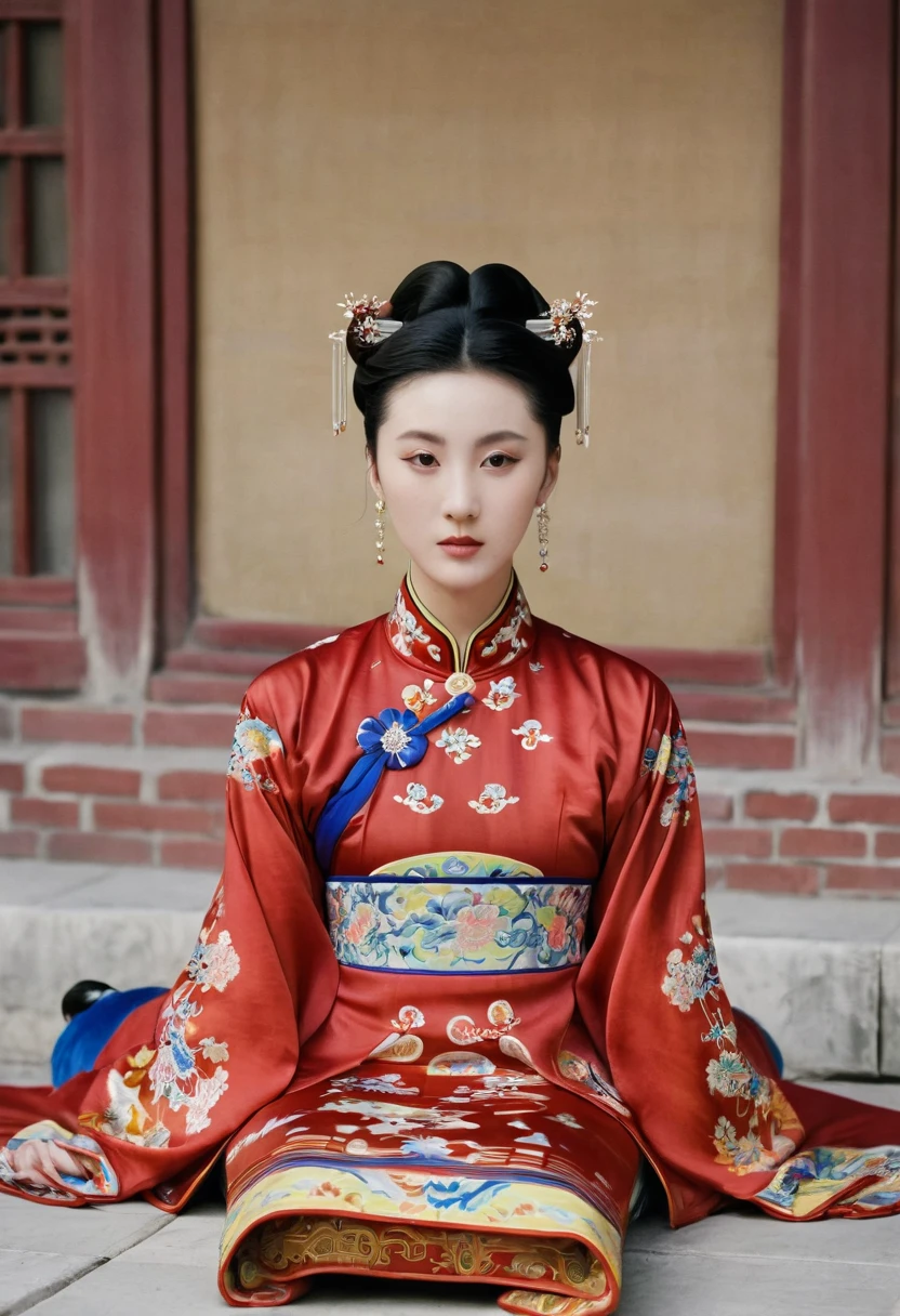 Woman seen from the front, Sitting facing forward with legs apart. A 20-year-old Qing empress in the Chinese imperial court during the Qing dynasty. The Empress is wearing a red Manchu dress with floral patterns.、Open front。, Revealing the chest, Lower abdomen, Thighs and legs.。She doesn't wear underwear, And her are exposed., Even the belly fat. Her hair is tied up and up, The background is the stone paving of a Chinese palace during the Qing Dynasty.